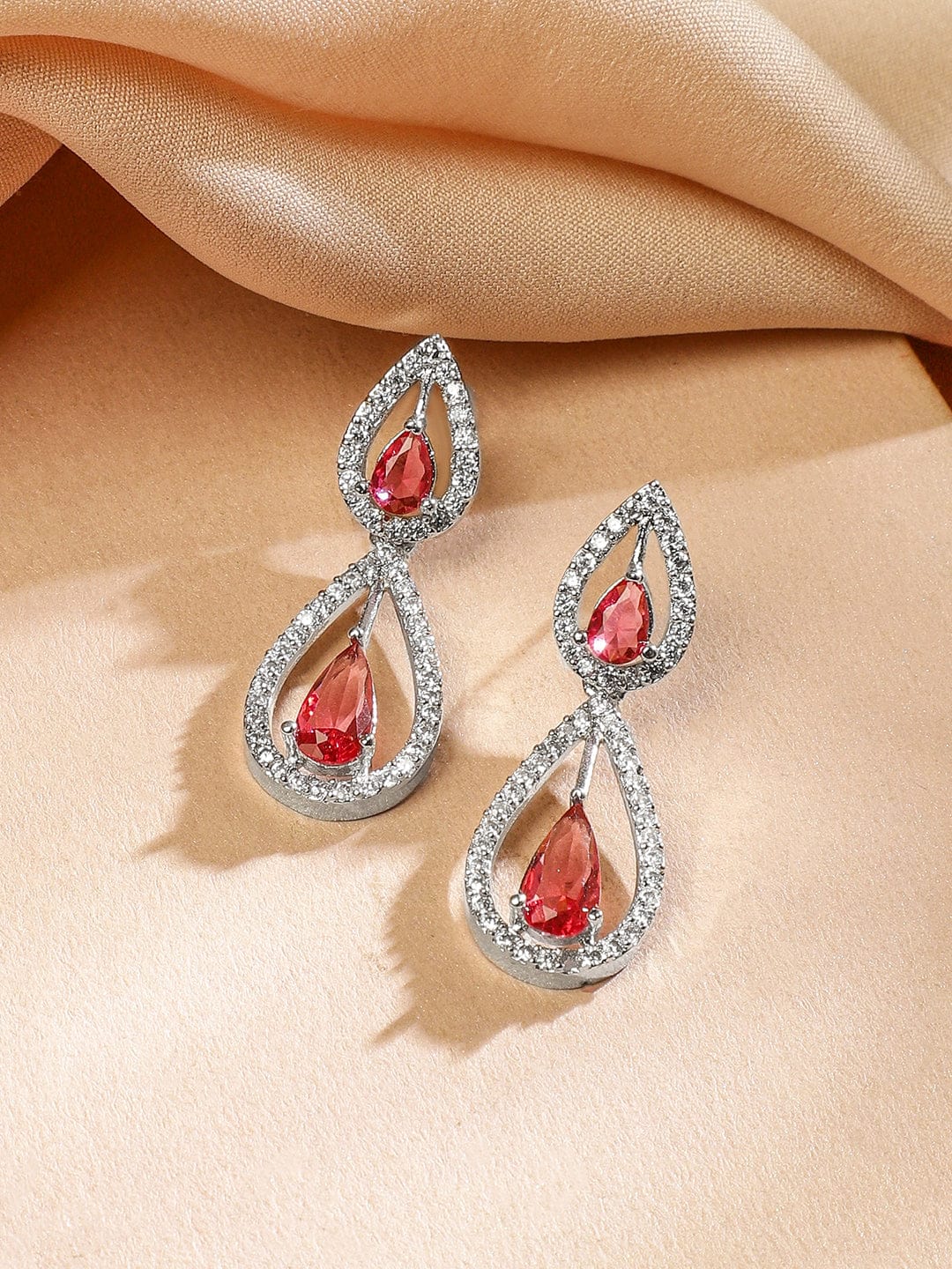 Pink American Diamond Zirconia Teardrop Necklace Set