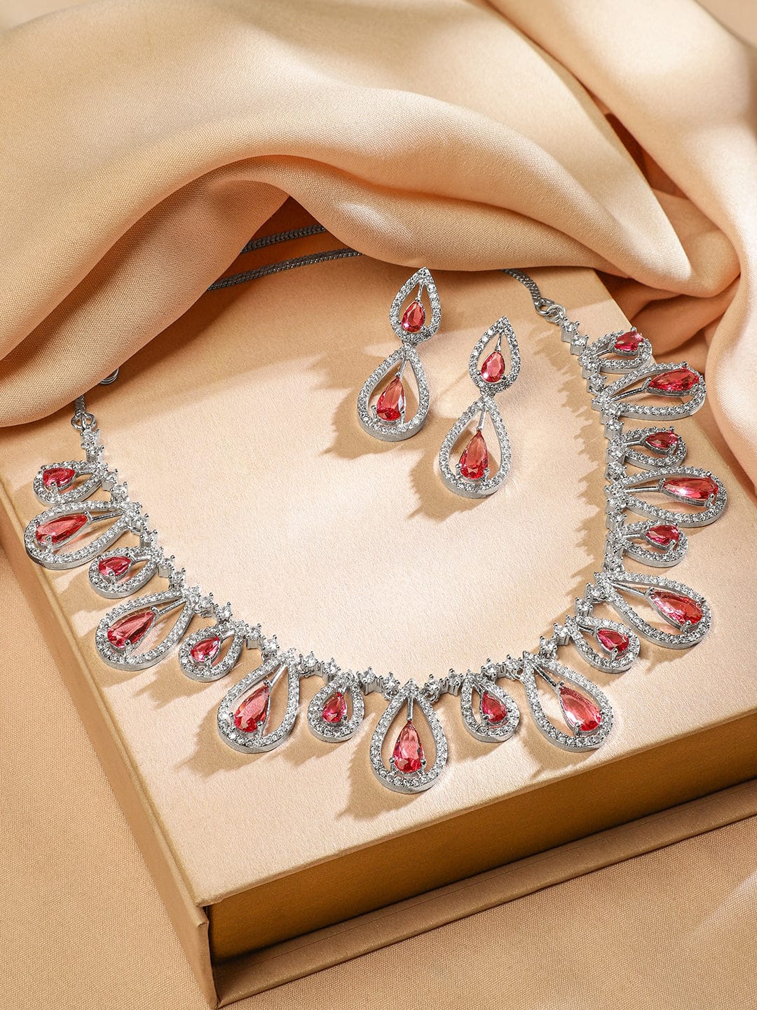 Pink American Diamond Zirconia Teardrop Necklace Set