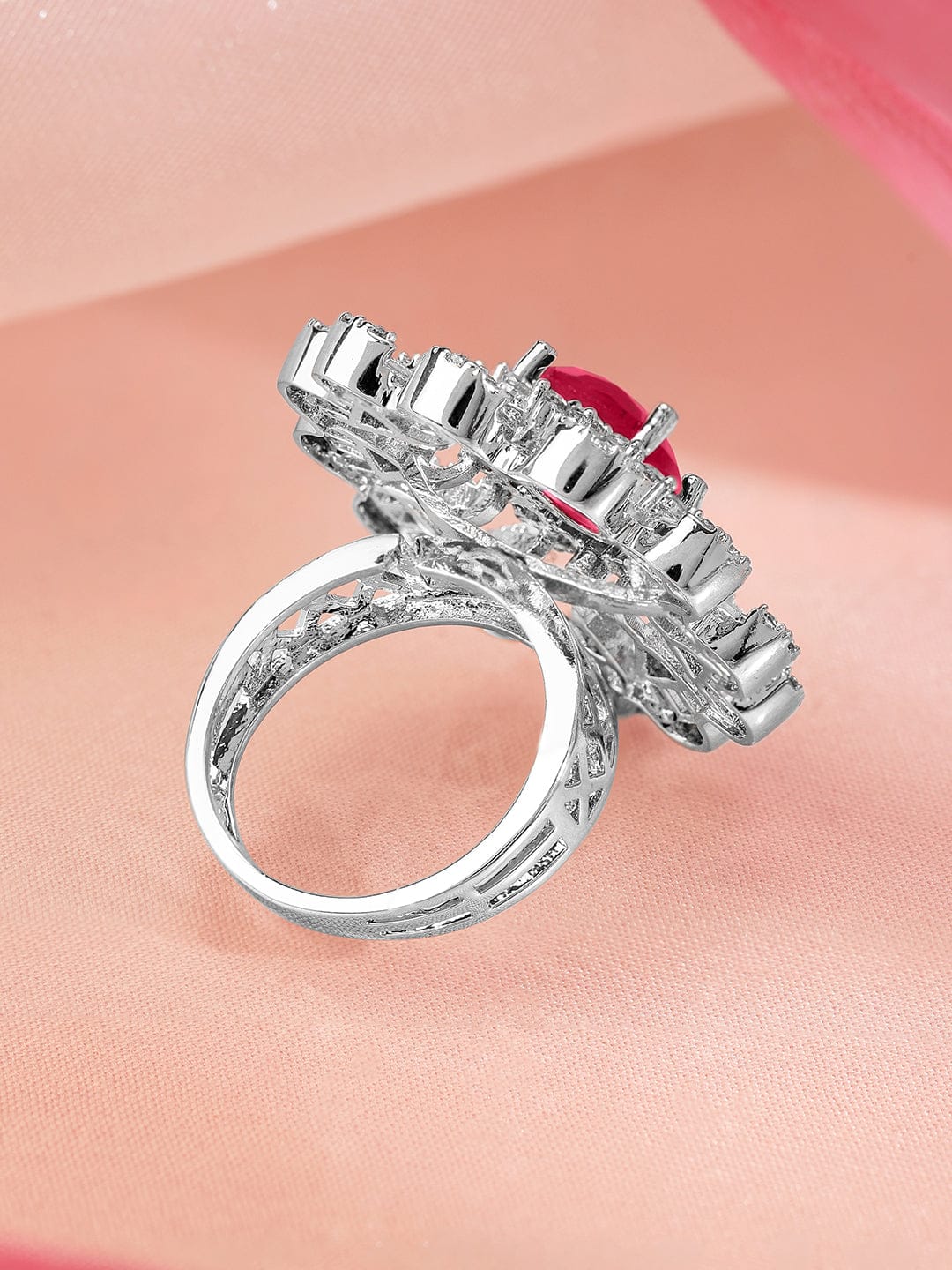 Red American Diamond Zirconia Floral Ring