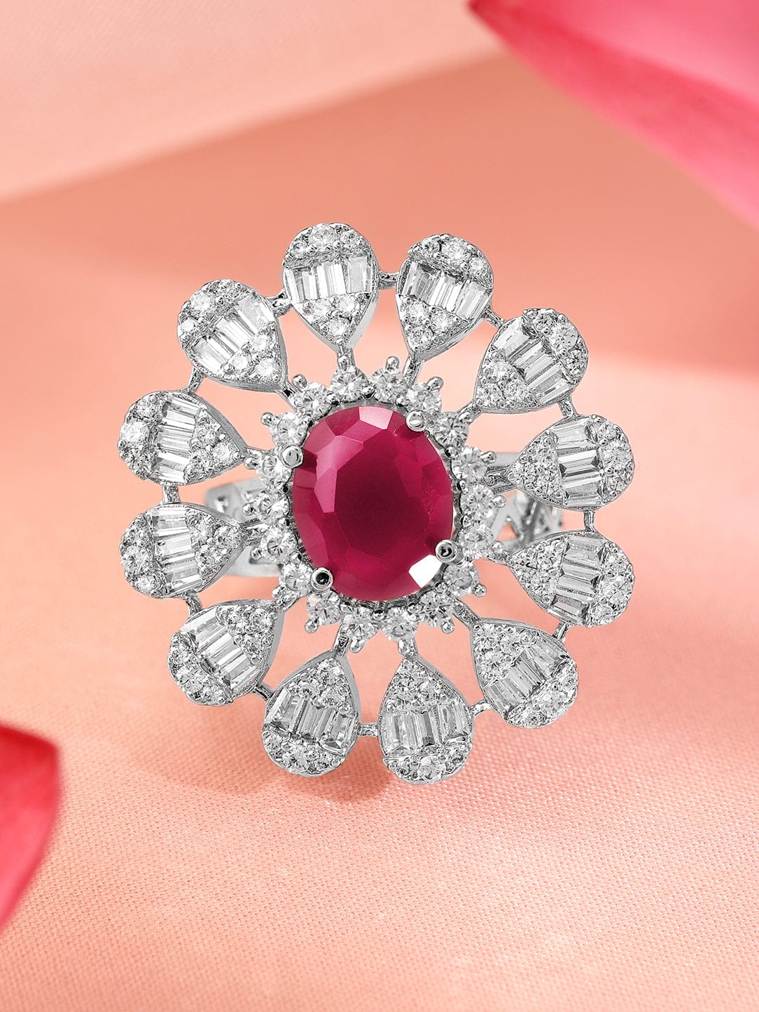 Red American Diamond Zirconia Floral Ring