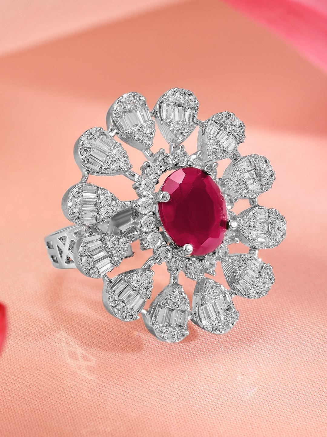 Red American Diamond Zirconia Floral Ring