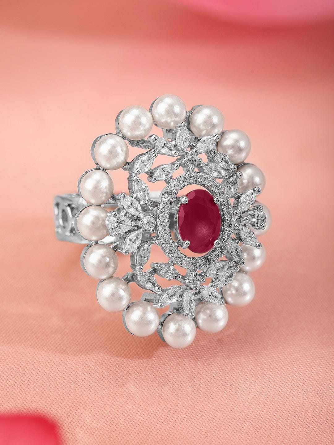 Ruby Pink American Diamond Zirconia Pearl Ring