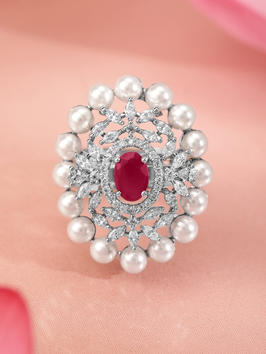 Ruby Pink American Diamond Zirconia Pearl Ring