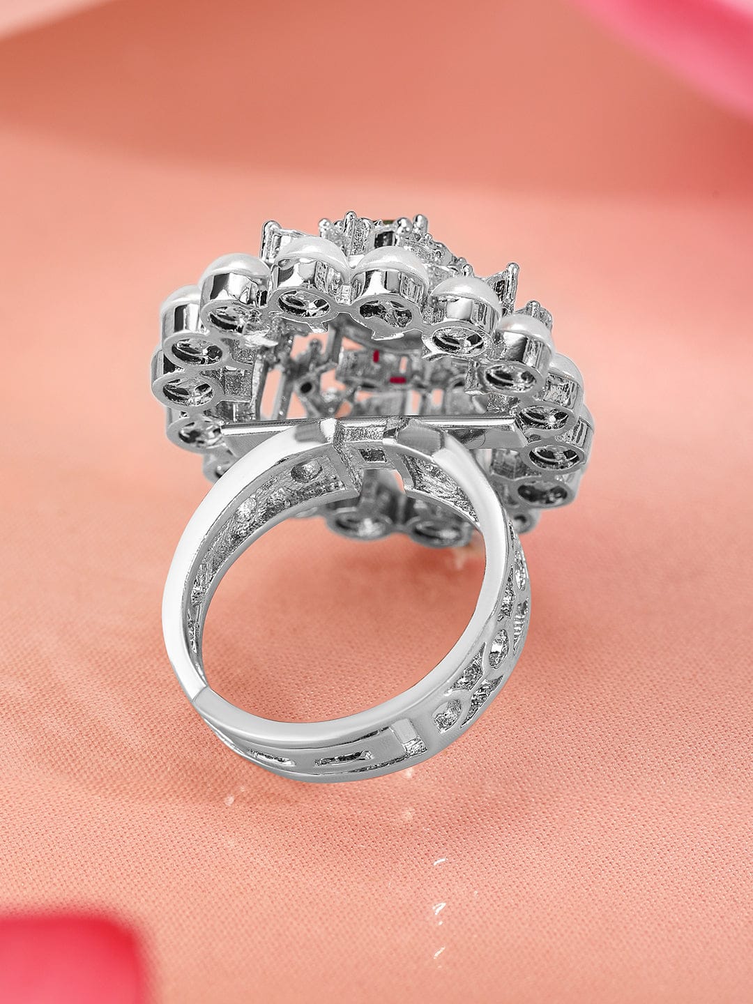 Ruby Pink American Diamond Zirconia Pearl Ring