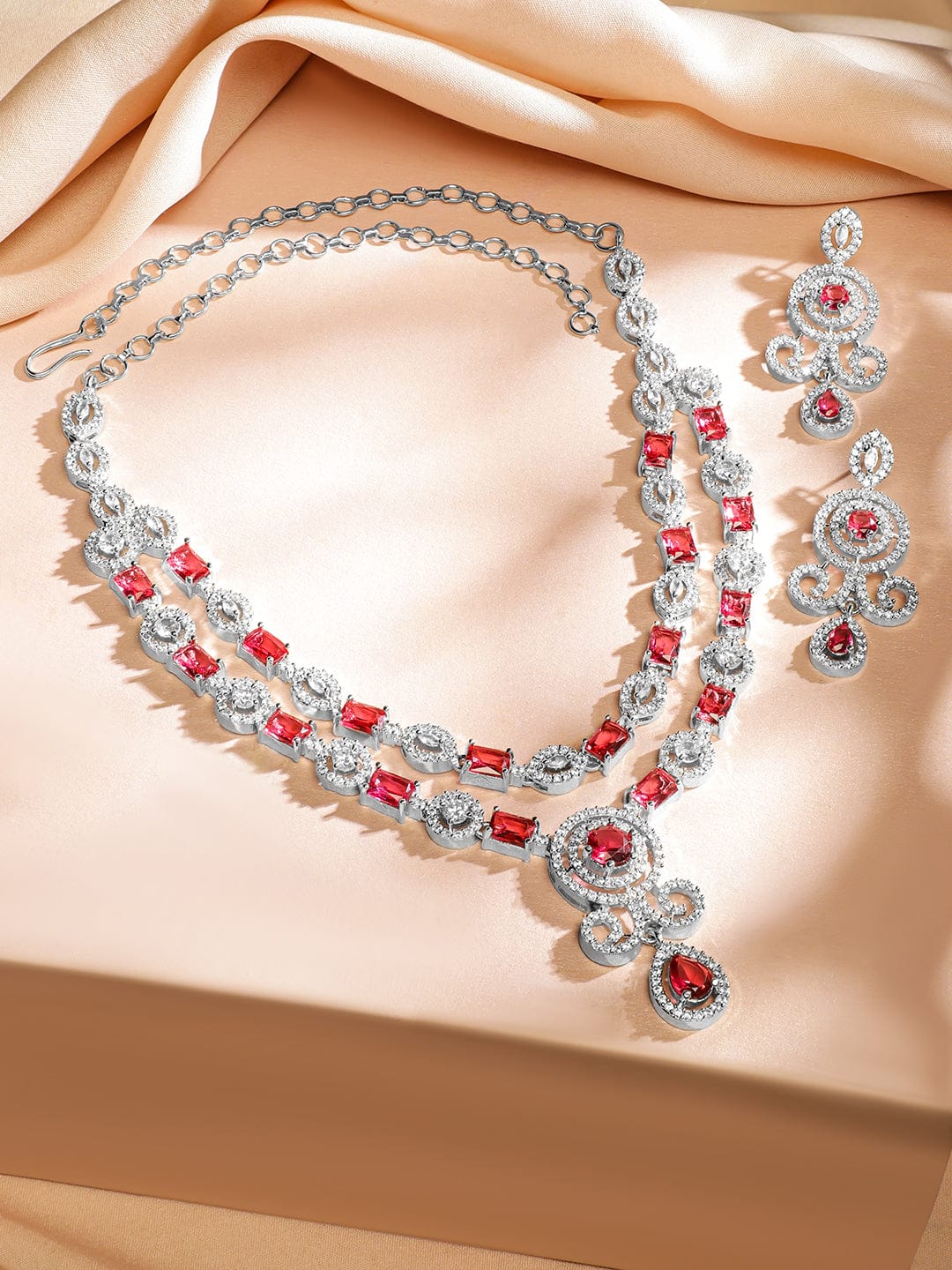 Red American Diamond Zirconia Layered Necklace Set
