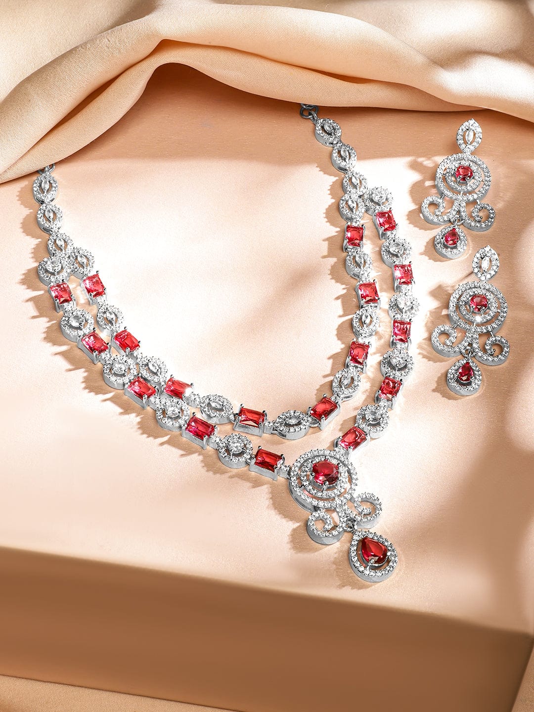 Red American Diamond Zirconia Layered Necklace Set