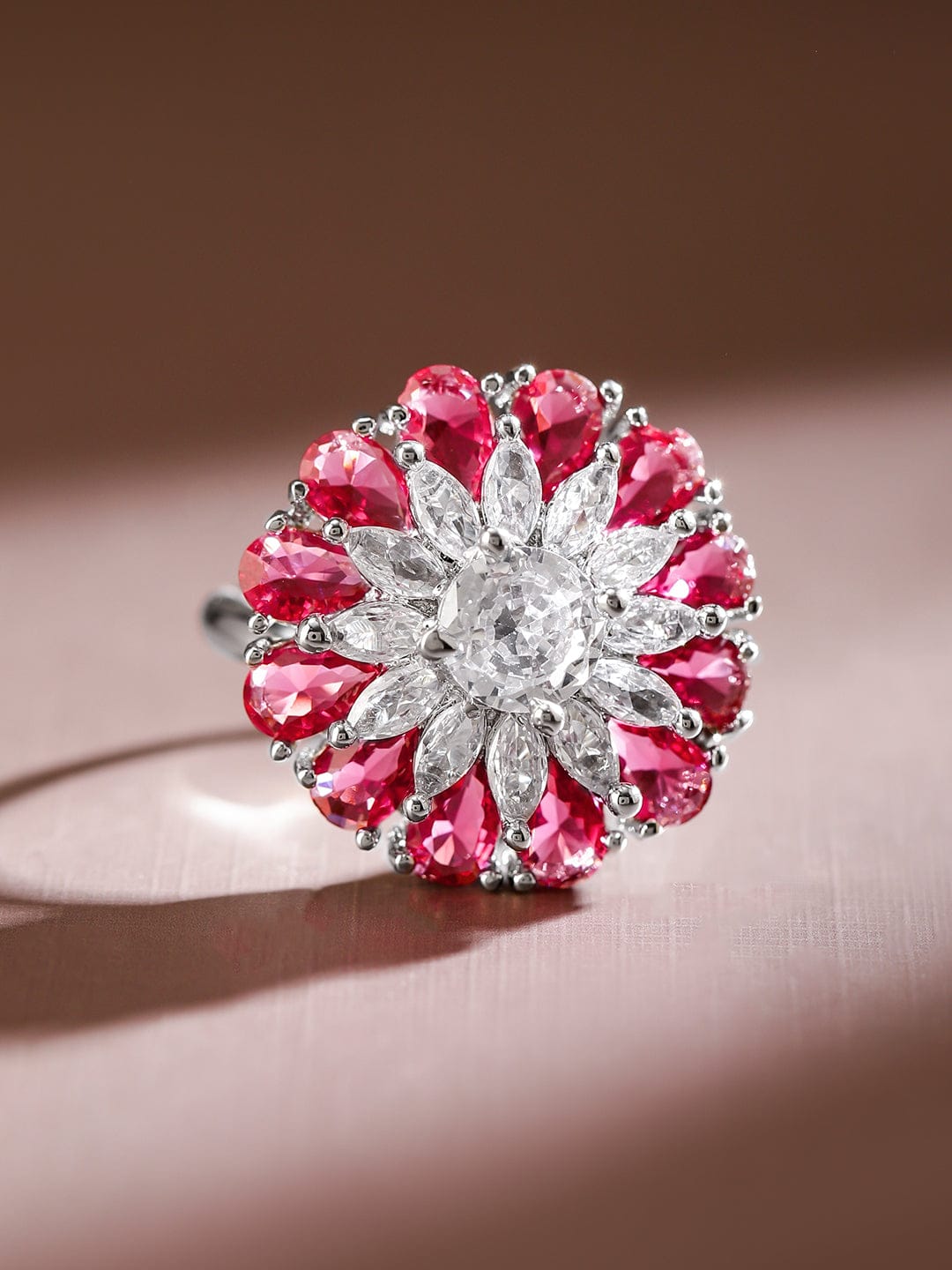 Floral Pink American Diamond Zirconia Ring