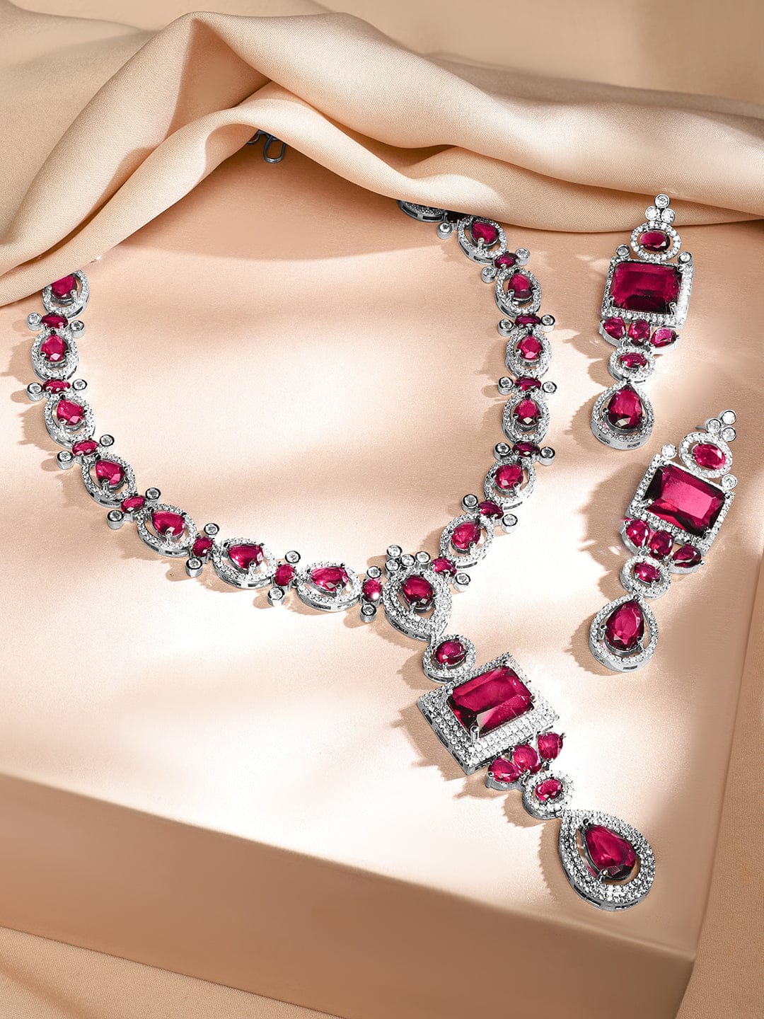 Ruby Pink American Diamond Zirconia Necklace Set