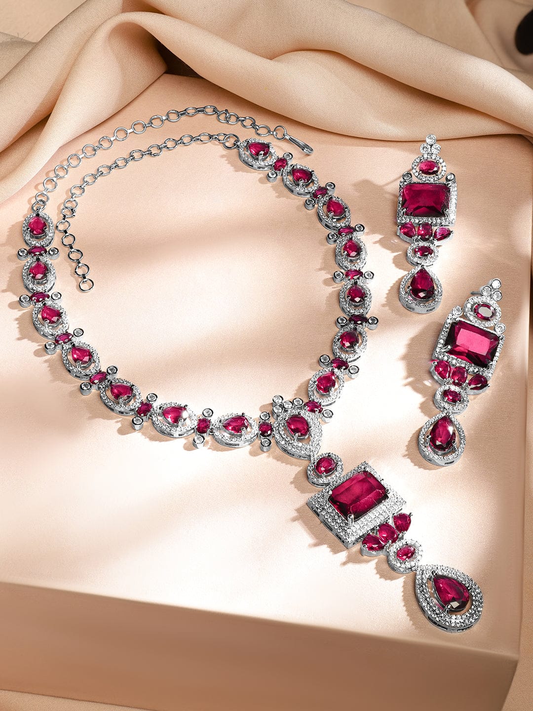 Ruby Pink American Diamond Zirconia Necklace Set