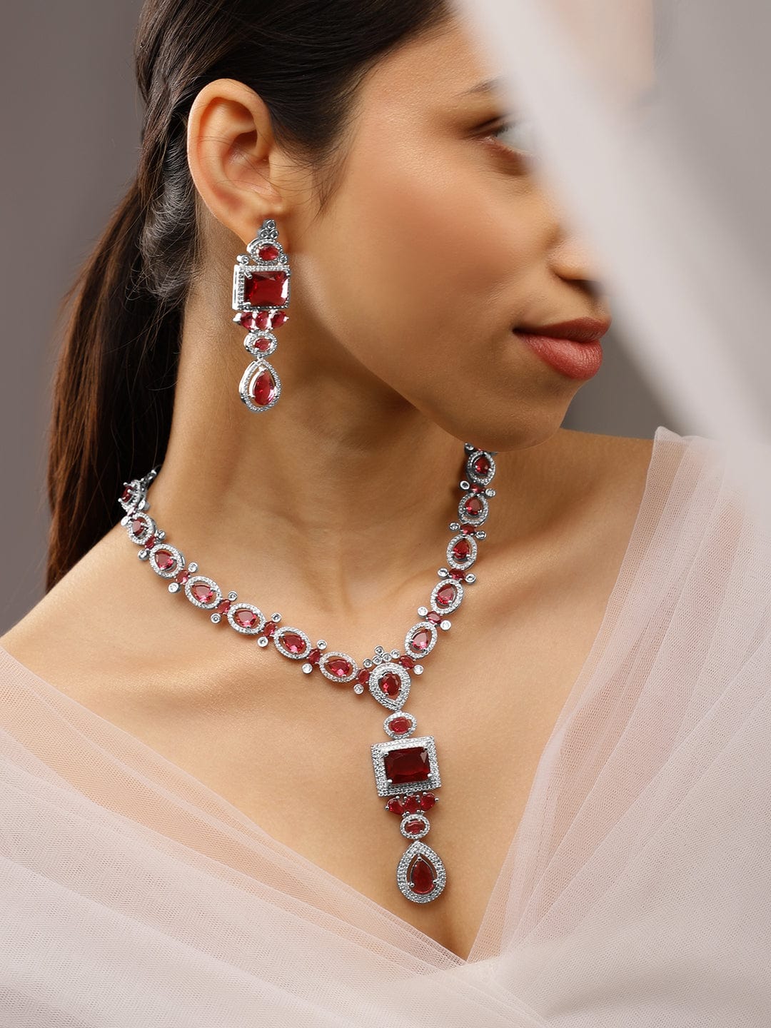 Ruby Pink American Diamond Zirconia Necklace Set