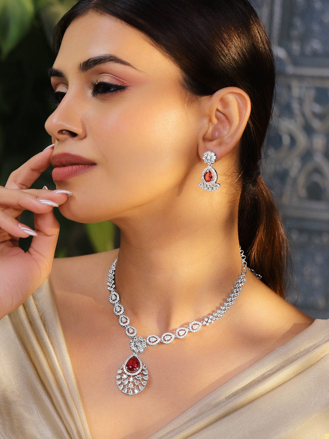 American Diamond Zirconia Red Necklace Set