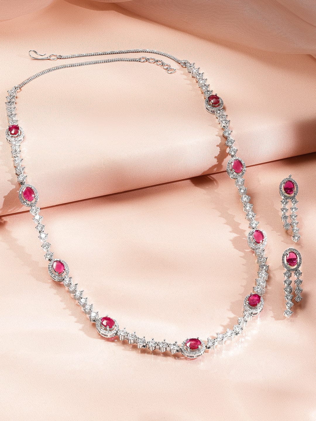 Red American Diamond Zirconia Long Necklace Set