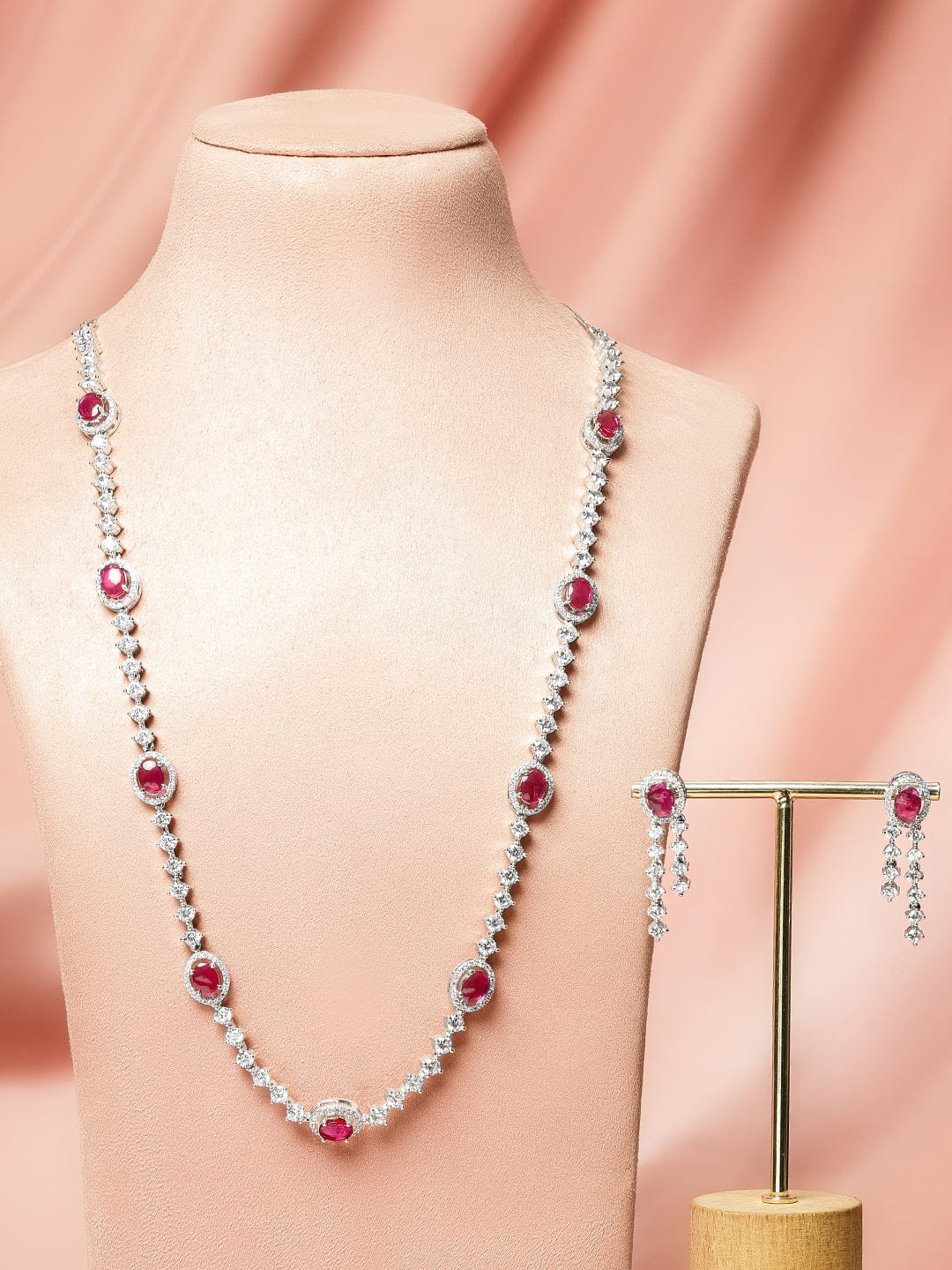 Red American Diamond Zirconia Long Necklace Set