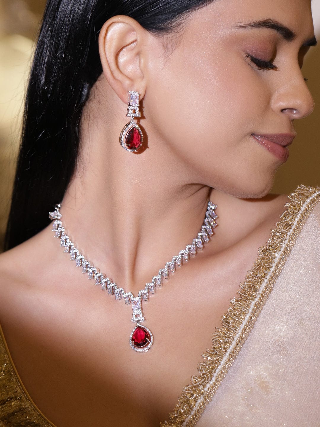 Wentra Rhodium-Plated Ruby Red Stone and Cubic Zirconia Studded Classic Necklace Set