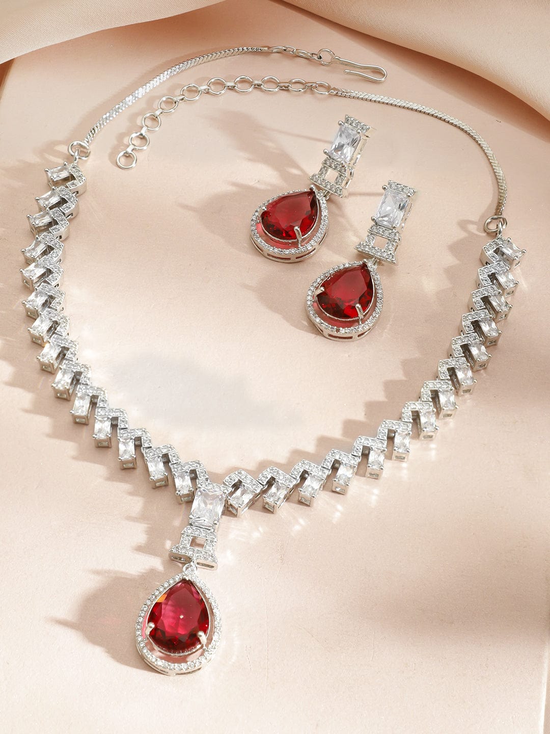 Wentra Rhodium-Plated Ruby Red Stone and Cubic Zirconia Studded Classic Necklace Set