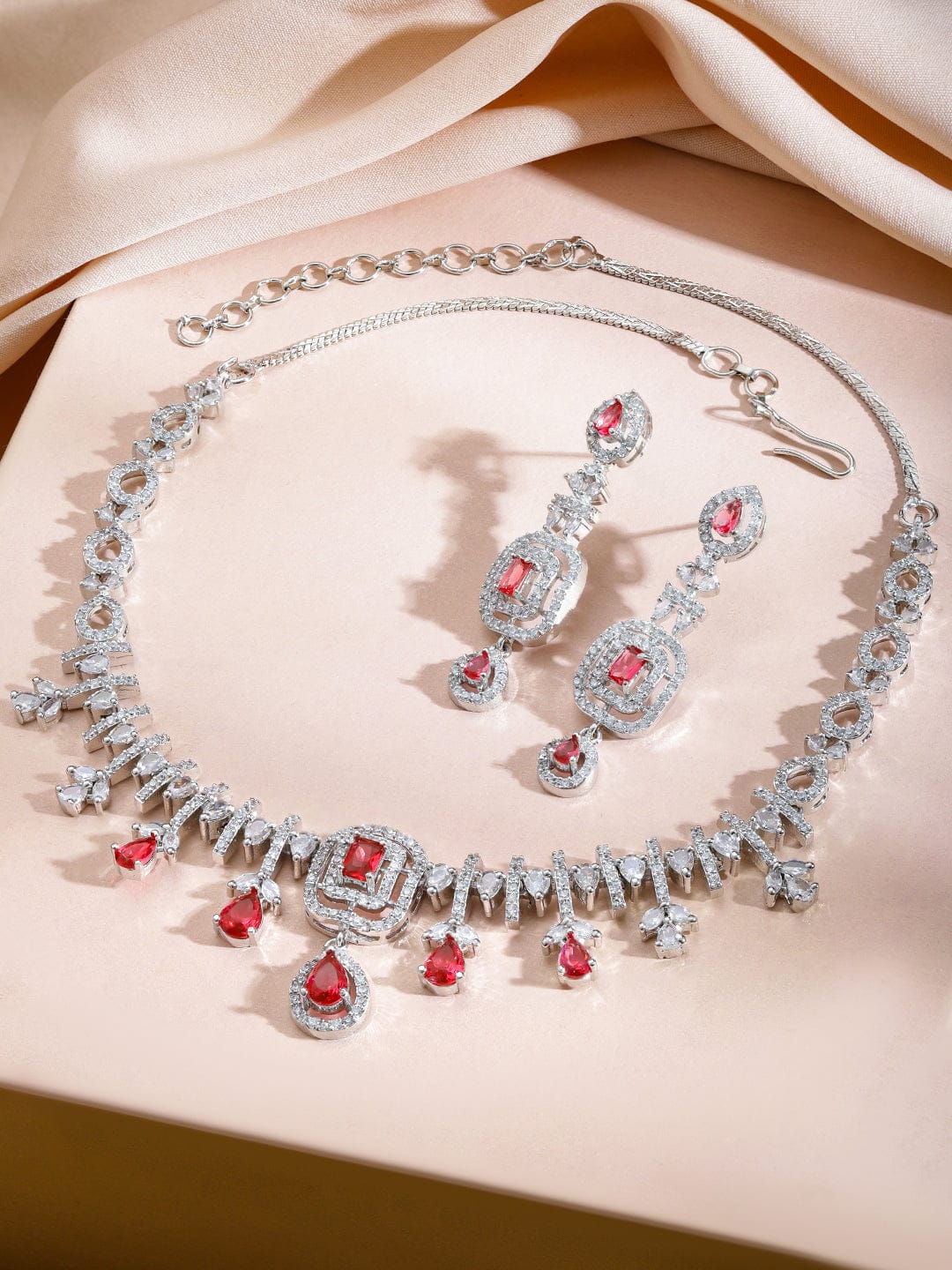 American Diamond Zirconia Red Teardrop Necklace Set