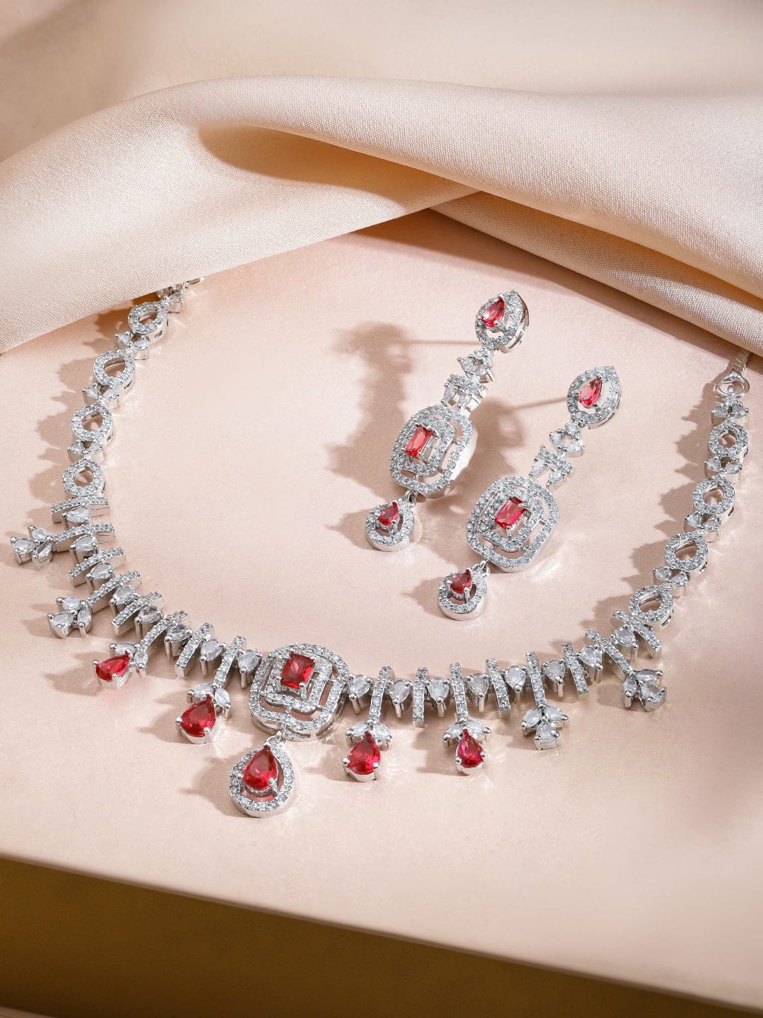 American Diamond Zirconia Red Teardrop Necklace Set