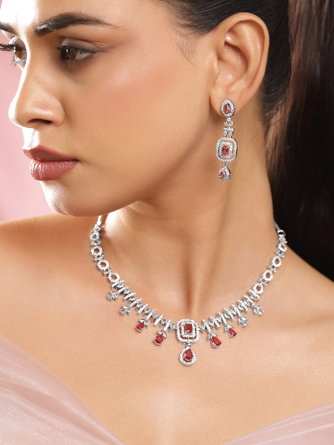 American Diamond Zirconia Red Teardrop Necklace Set