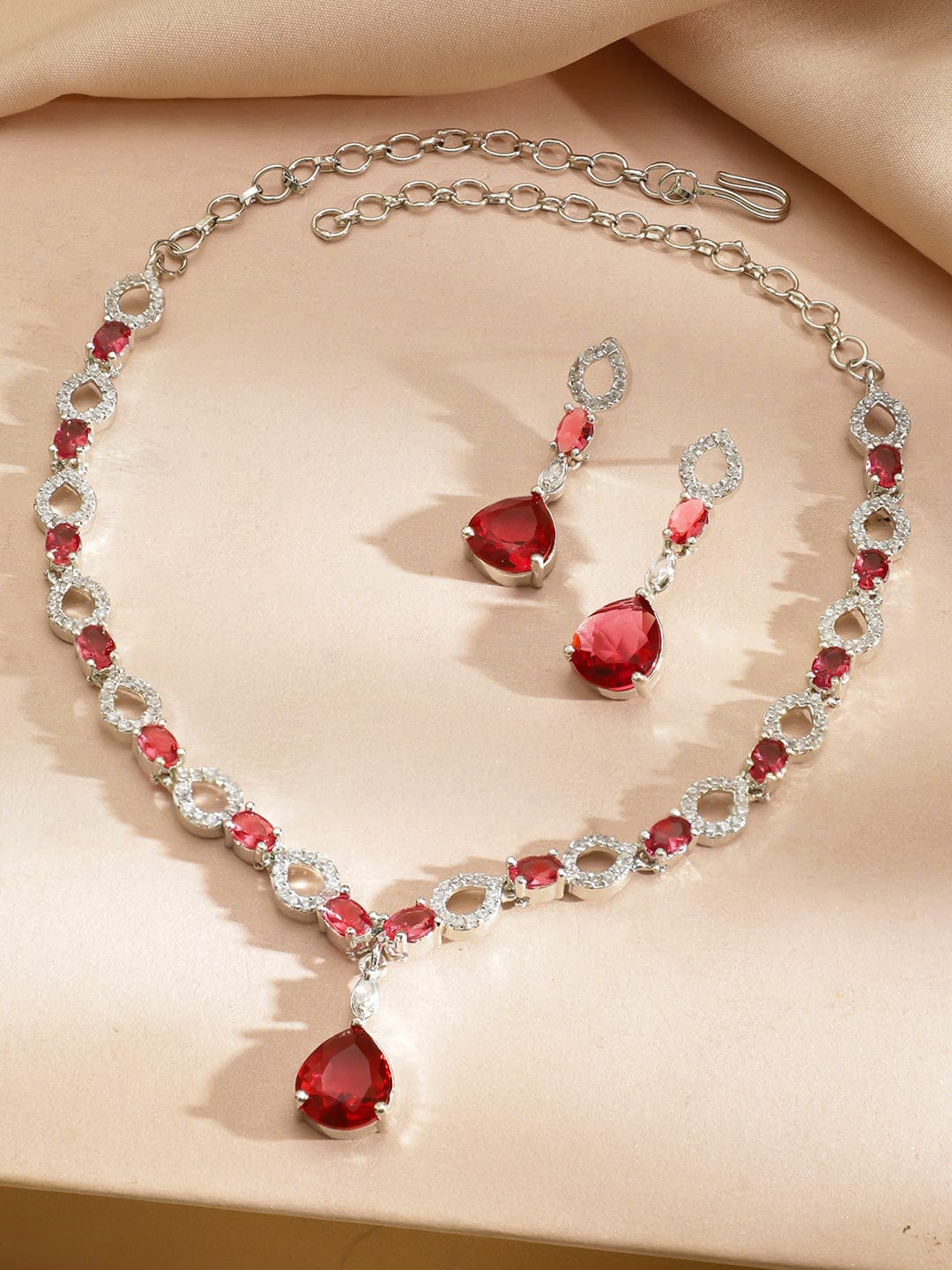 American Diamond Zirconia Ruby Drop Necklace Set
