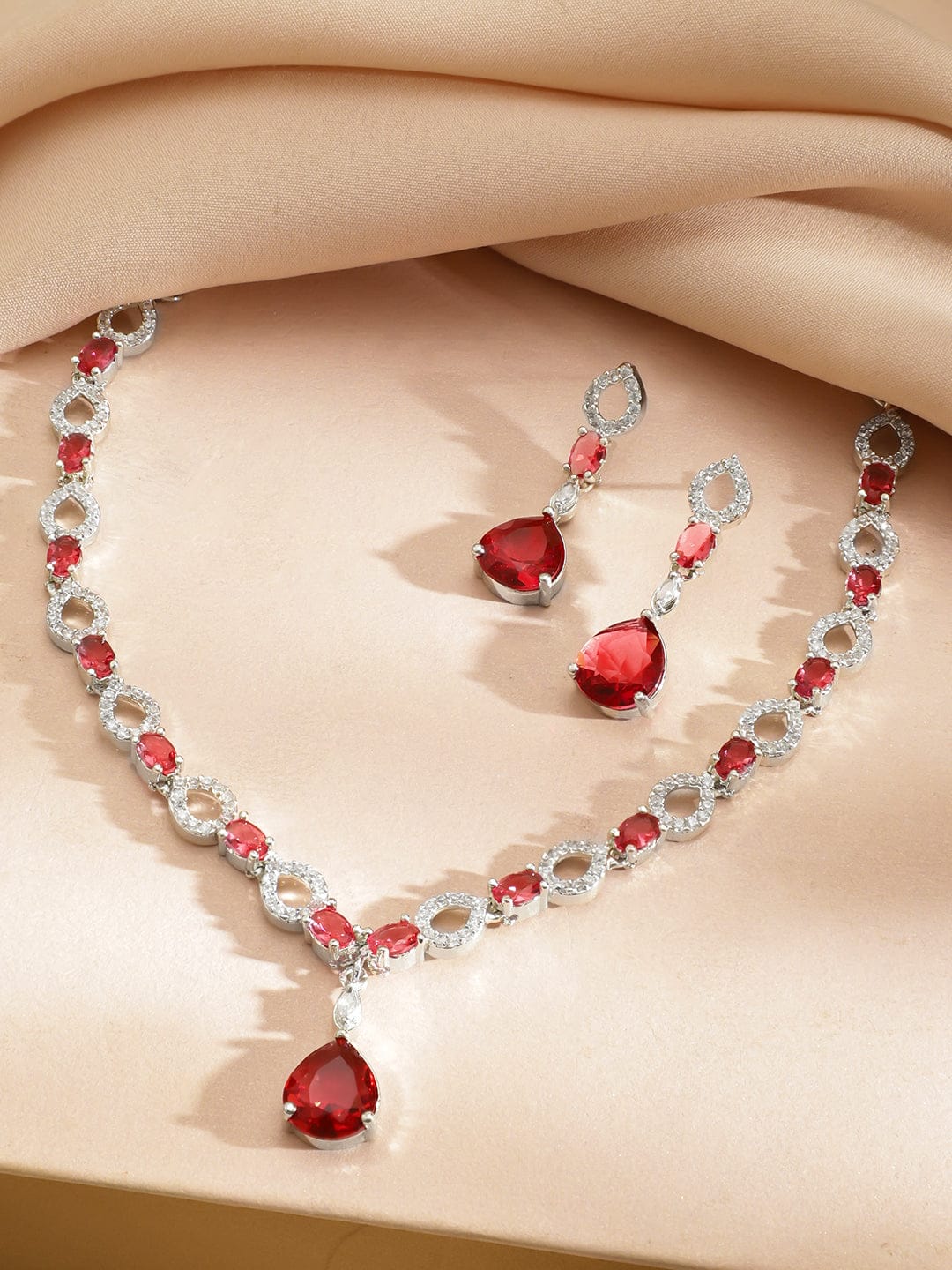 American Diamond Zirconia Ruby Drop Necklace Set