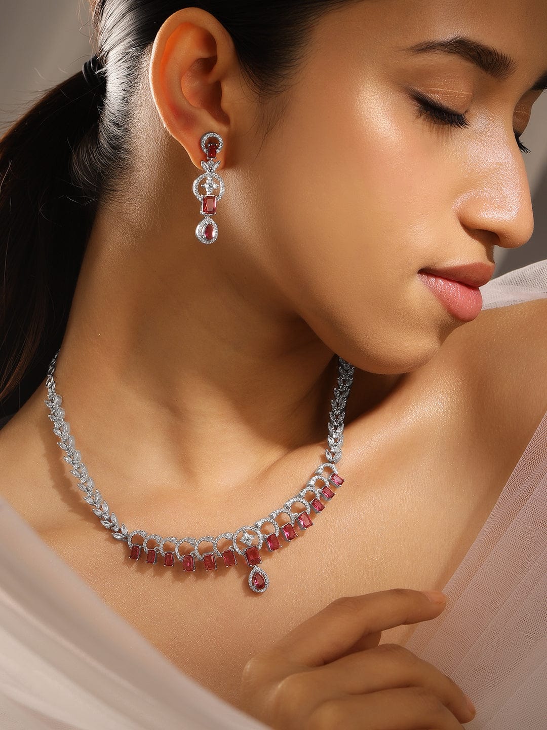Red American Diamond Zirconia Necklace Set