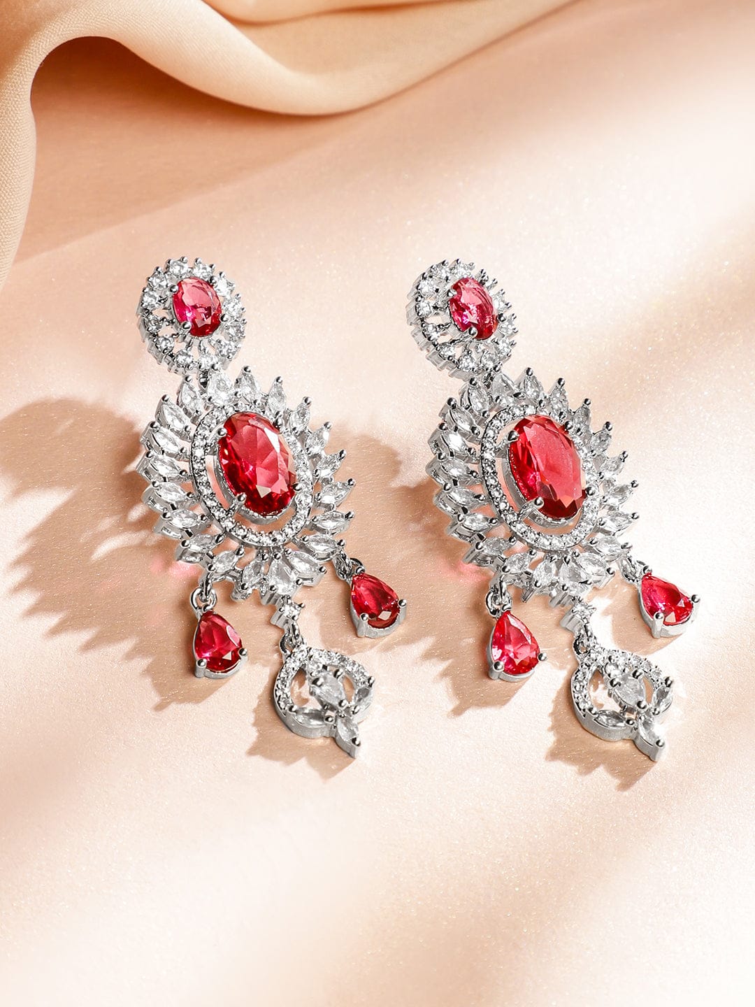 Red American Diamond Zirconia Sunburst Necklace Set