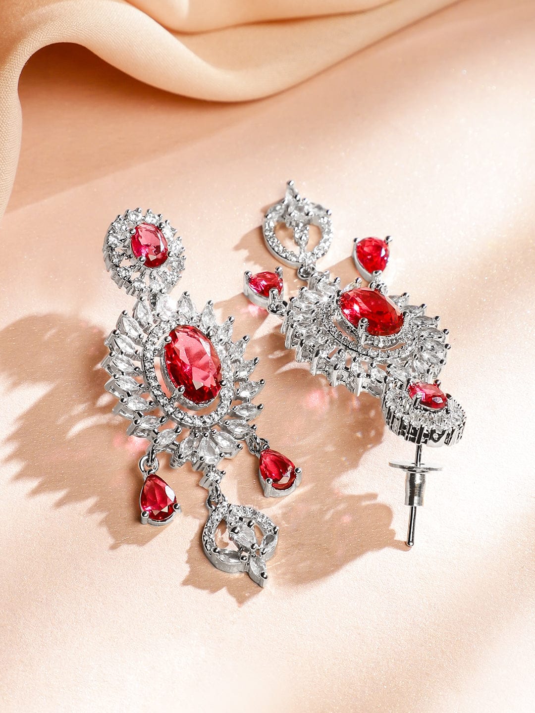 Red American Diamond Zirconia Sunburst Necklace Set