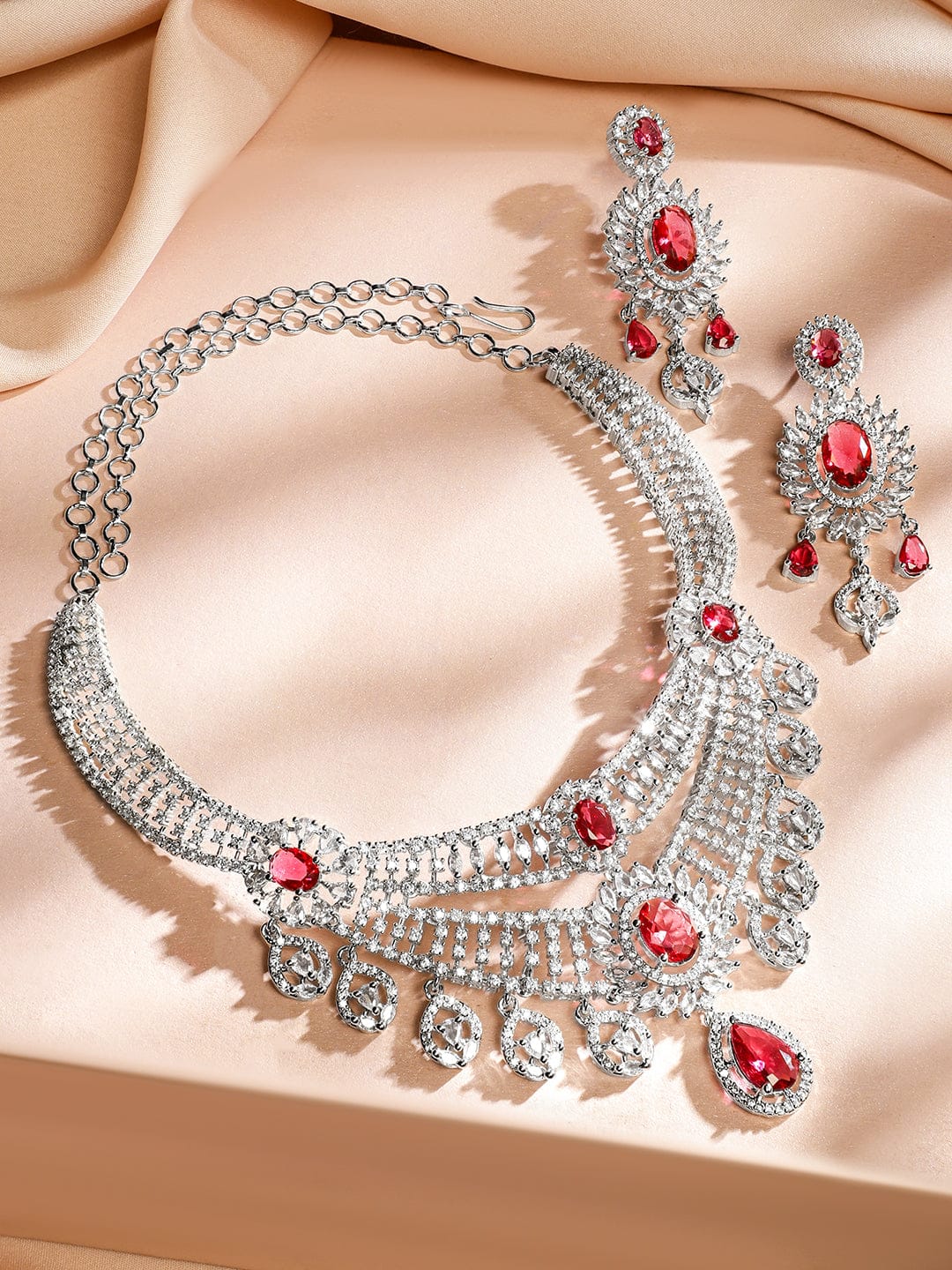 Red American Diamond Zirconia Sunburst Necklace Set