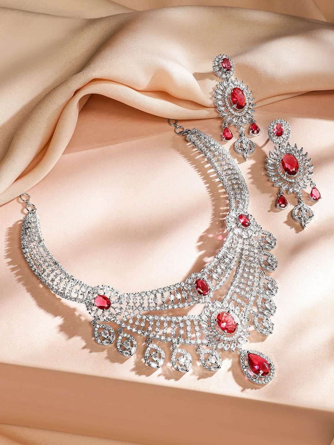 Red American Diamond Zirconia Sunburst Necklace Set