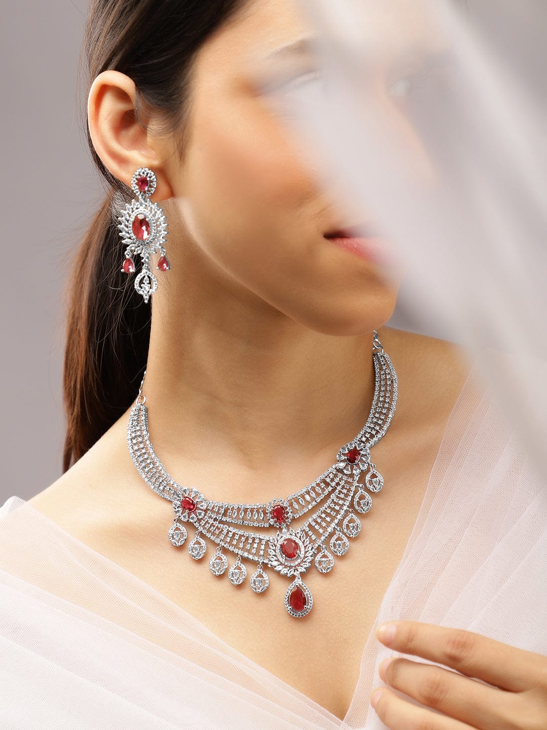 Red American Diamond Zirconia Sunburst Necklace Set