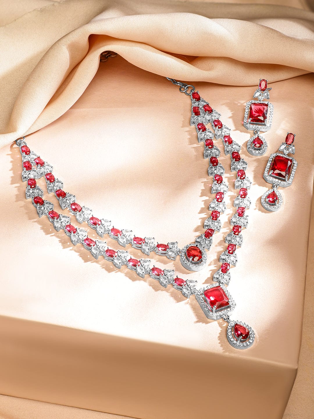 American Diamond Zirconia Ruby Layered Necklace Set