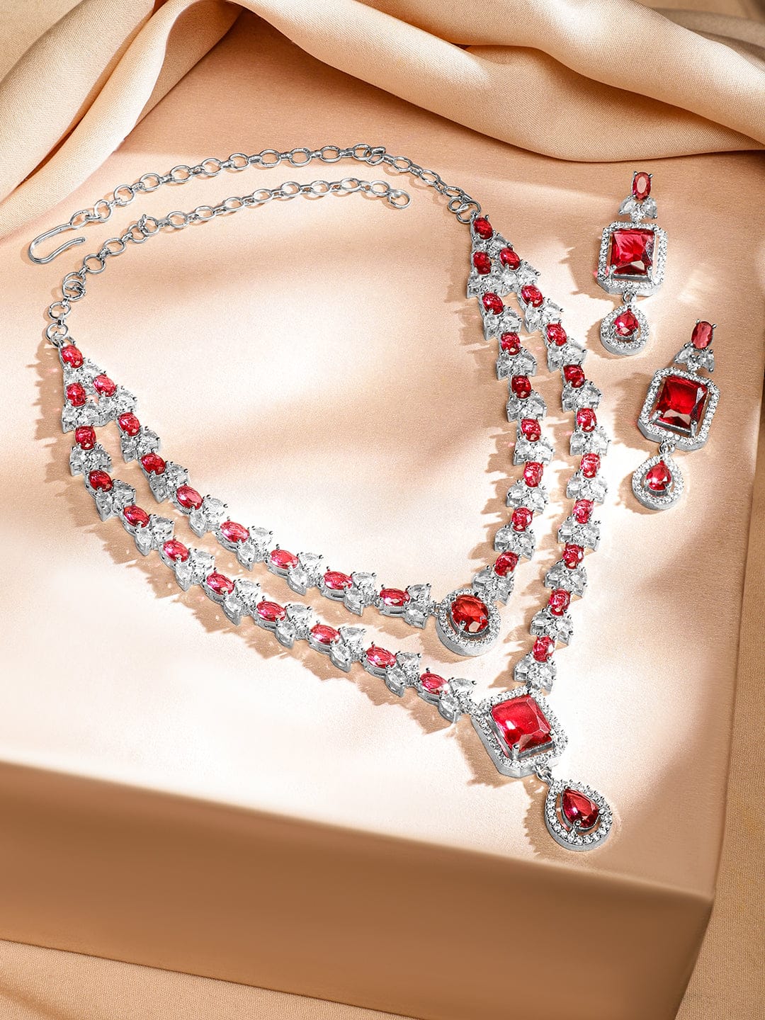 American Diamond Zirconia Ruby Layered Necklace Set