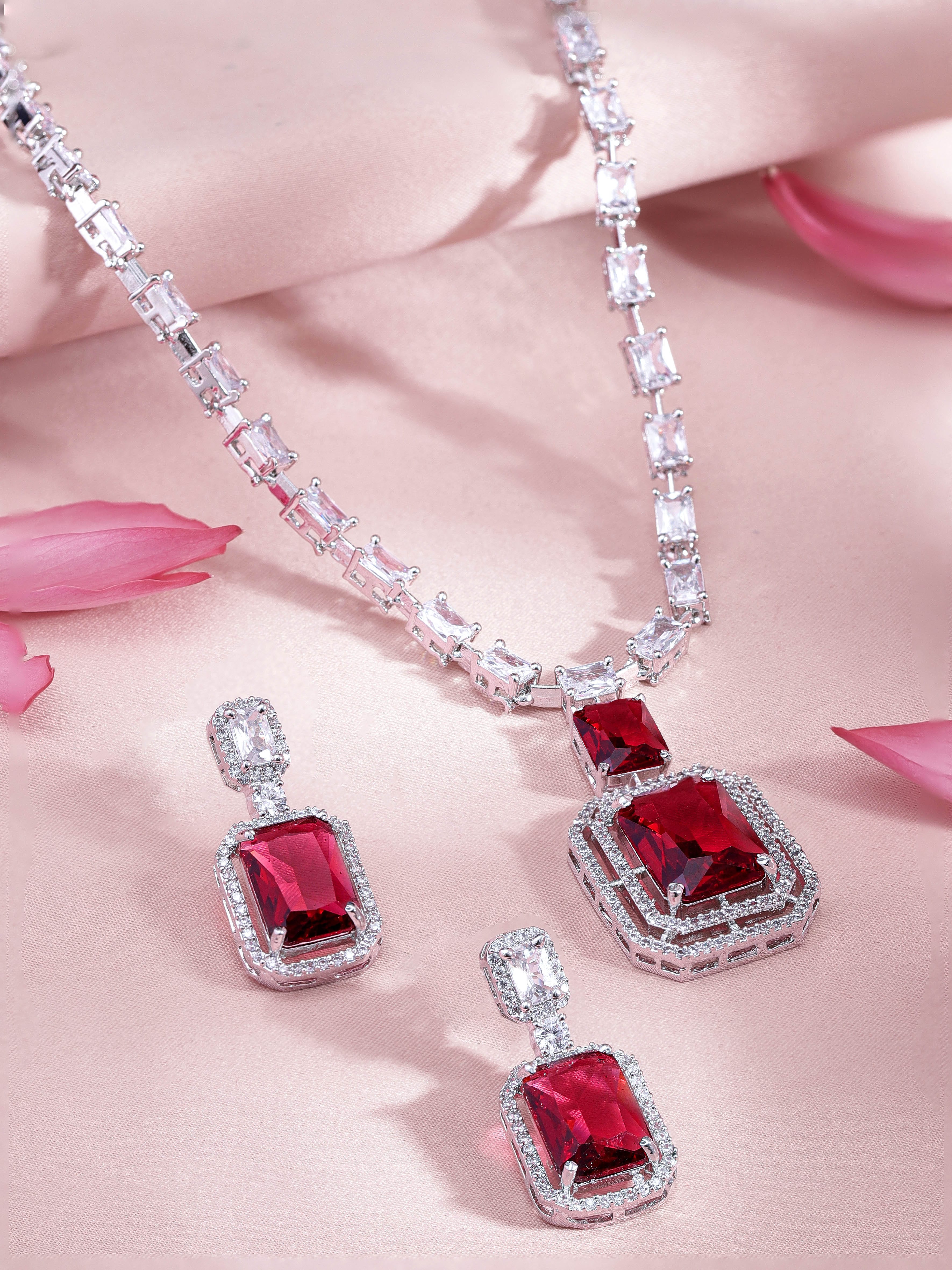 American Diamond Zirconia Ruby Red Necklace Set