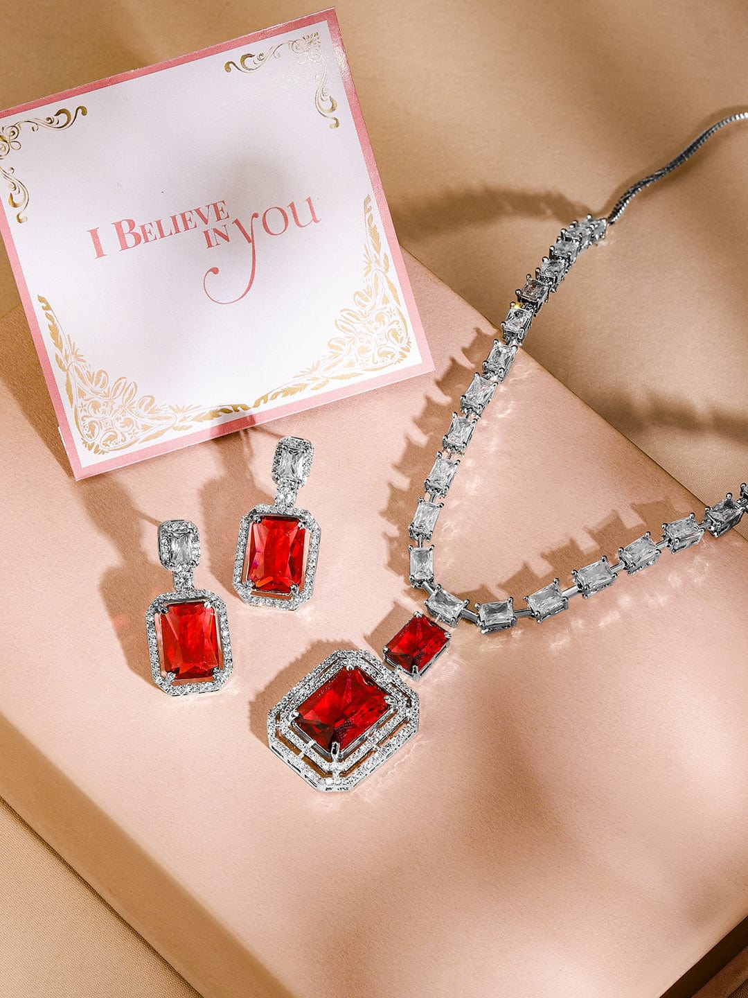 American Diamond Zirconia Ruby Red Necklace Set