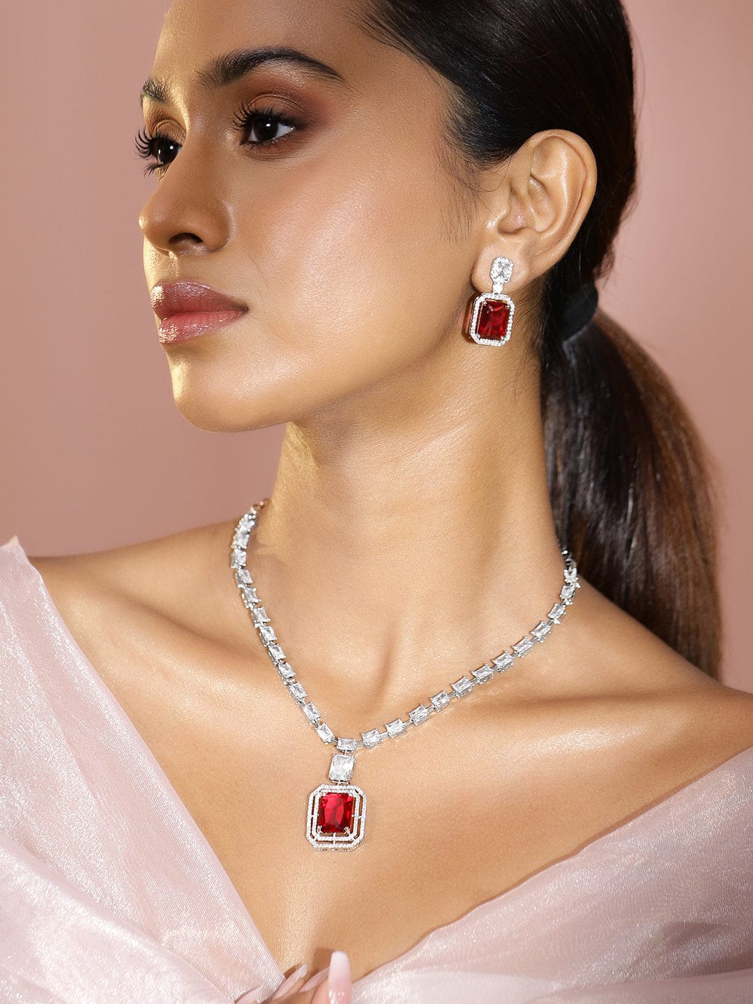 American Diamond Zirconia Ruby Red Necklace Set