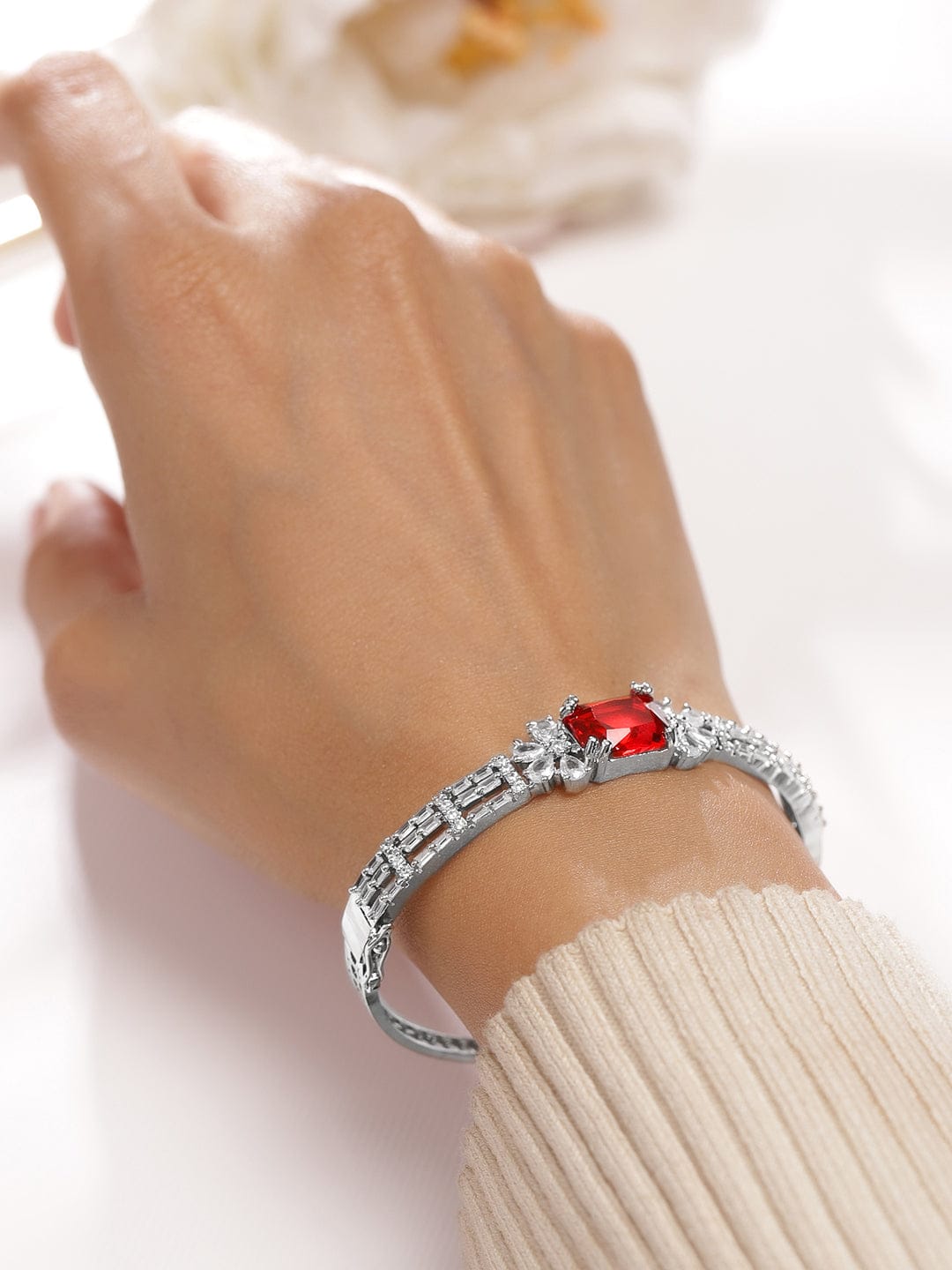 Wentra Rhodium-Plated Ruby Red & White Cubic Zirconia Studded Statement Bracelet