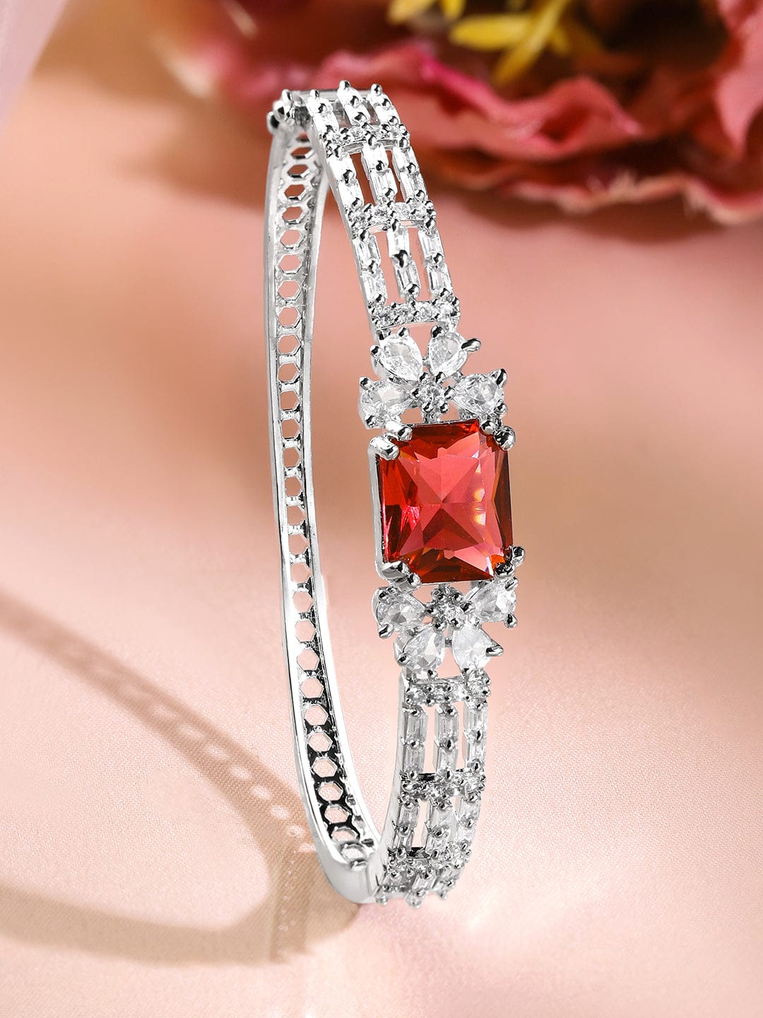 Wentra Rhodium-Plated Ruby Red & White Cubic Zirconia Studded Statement Bracelet