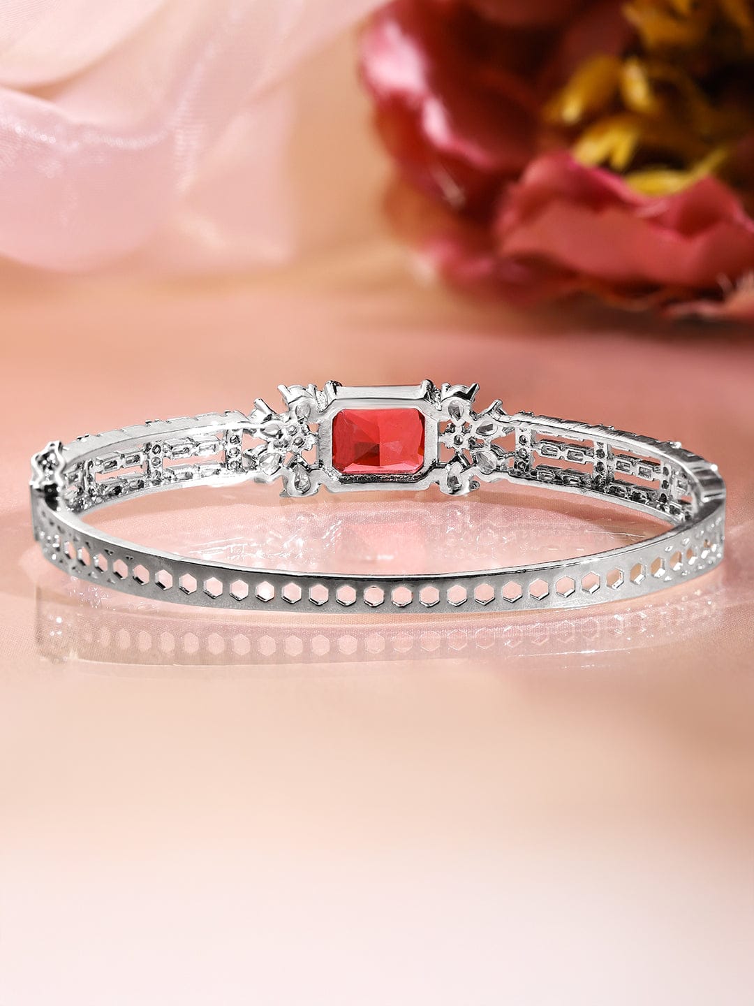 Wentra Rhodium-Plated Ruby Red & White Cubic Zirconia Studded Statement Bracelet