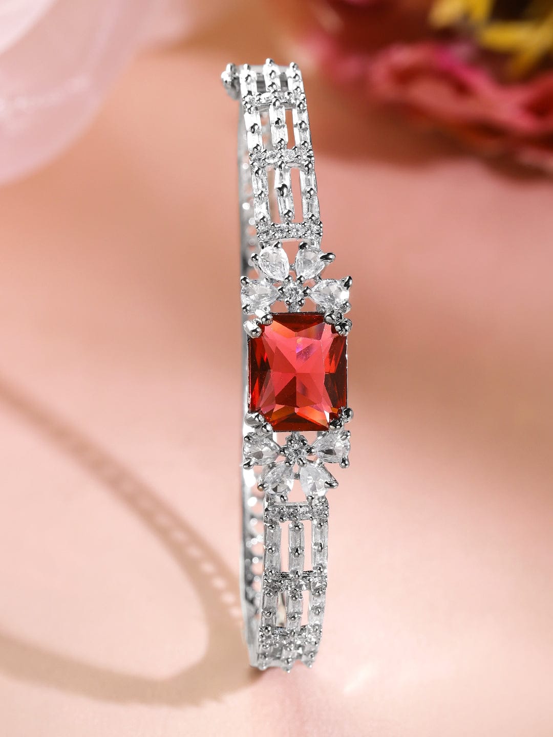 Wentra Rhodium-Plated Ruby Red & White Cubic Zirconia Studded Statement Bracelet