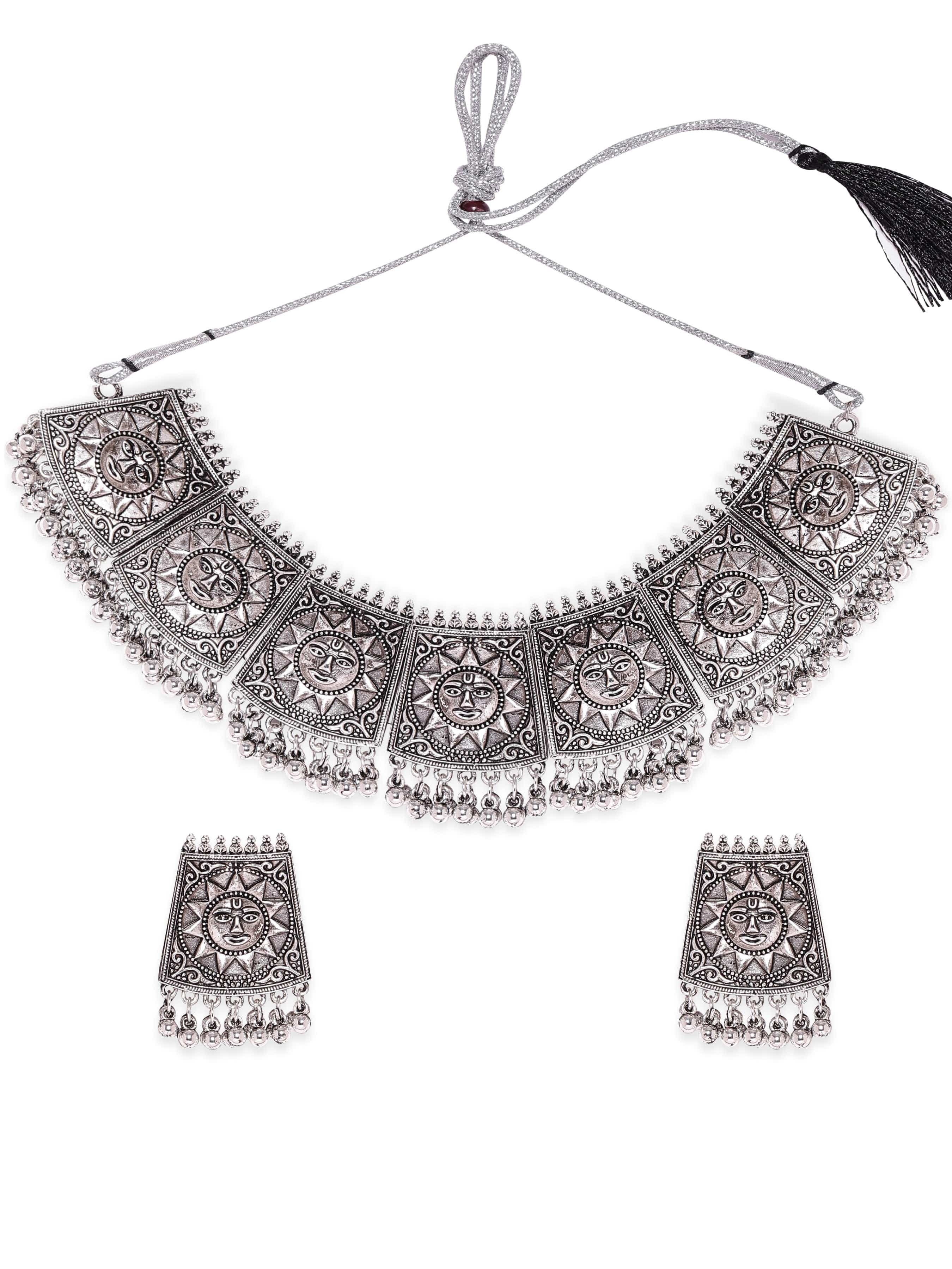 Oxidized Sun Motif Engraved Beaded Choker Set