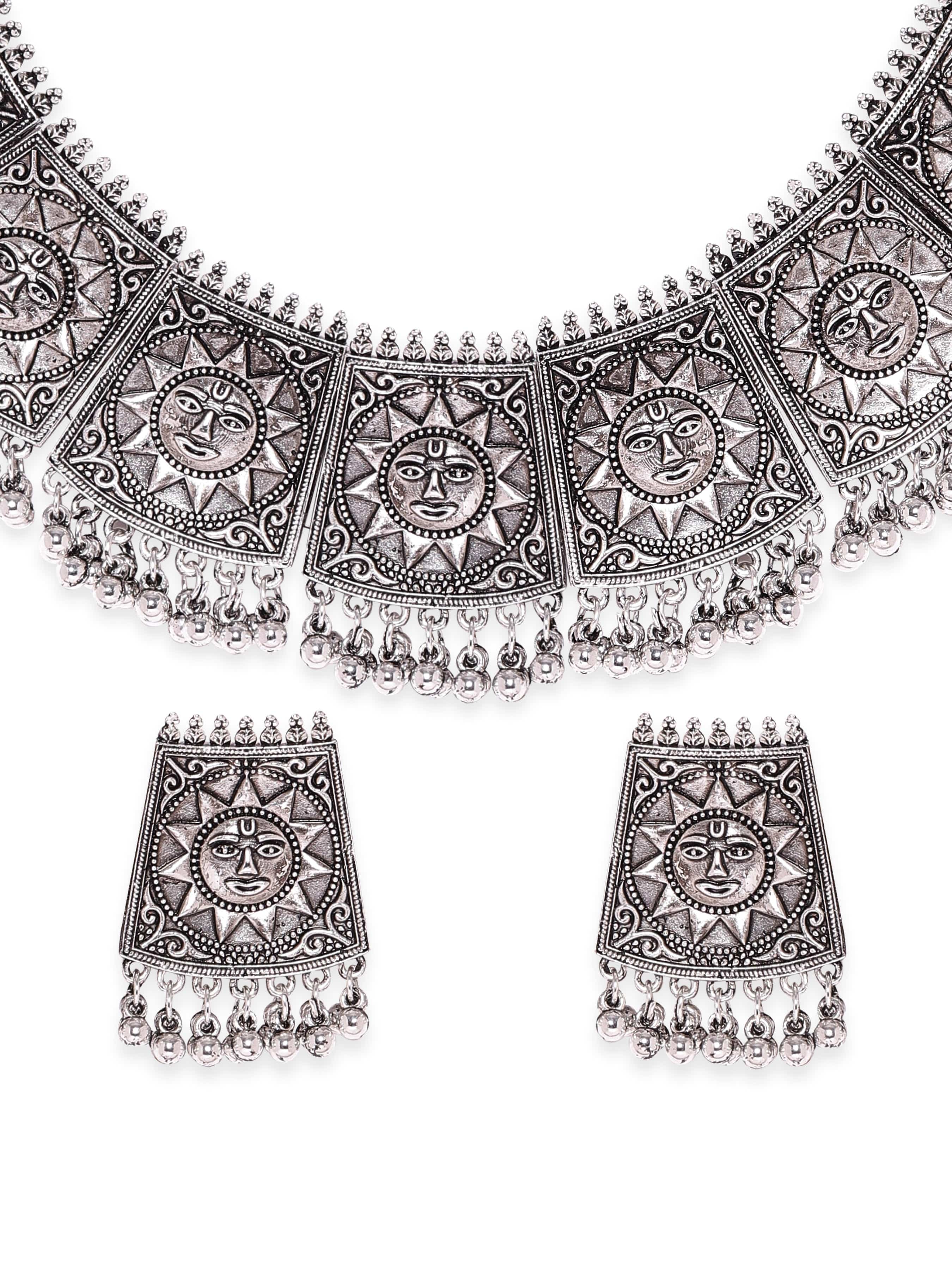 Oxidized Sun Motif Engraved Beaded Choker Set