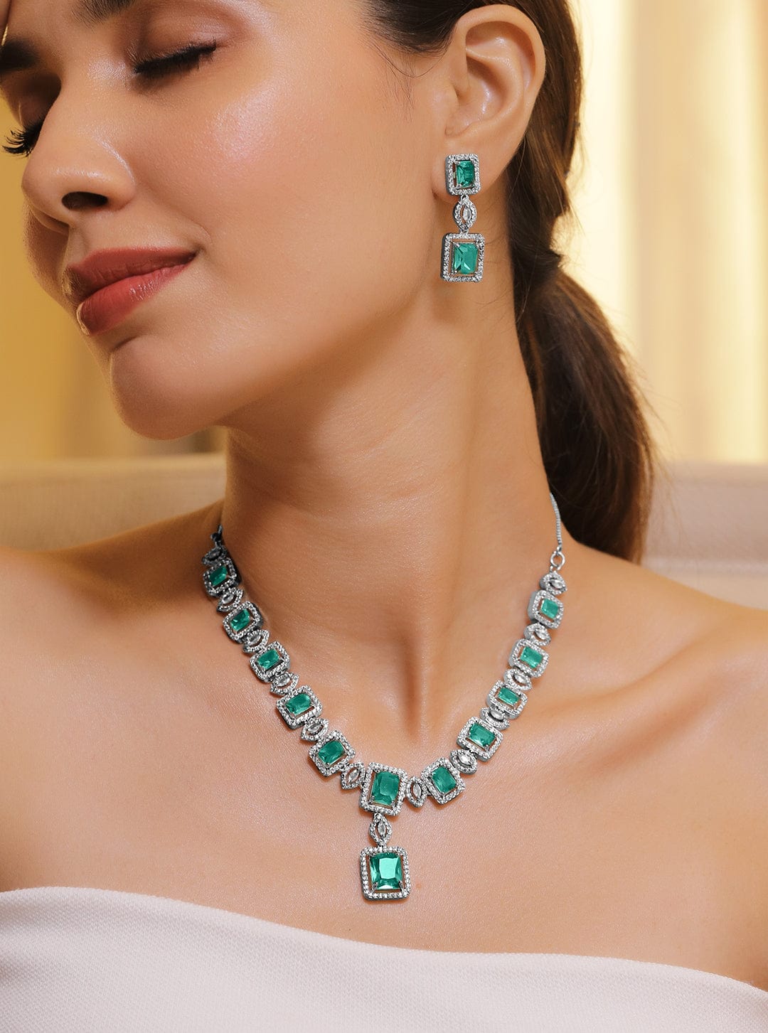 Emerald Cut American Diamond Zirconia Necklace Set