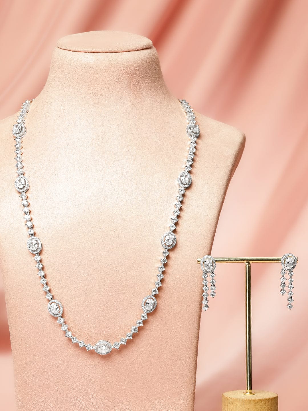 American Diamond Zirconia Sparkling Long Necklace Set