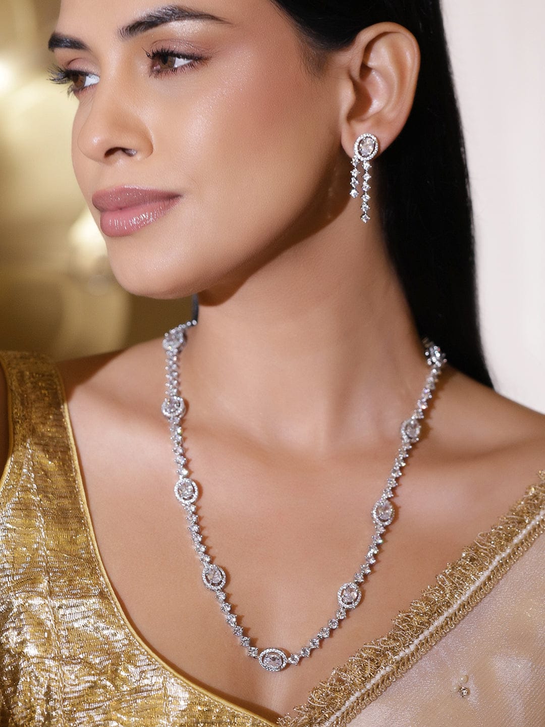 American Diamond Zirconia Sparkling Long Necklace Set
