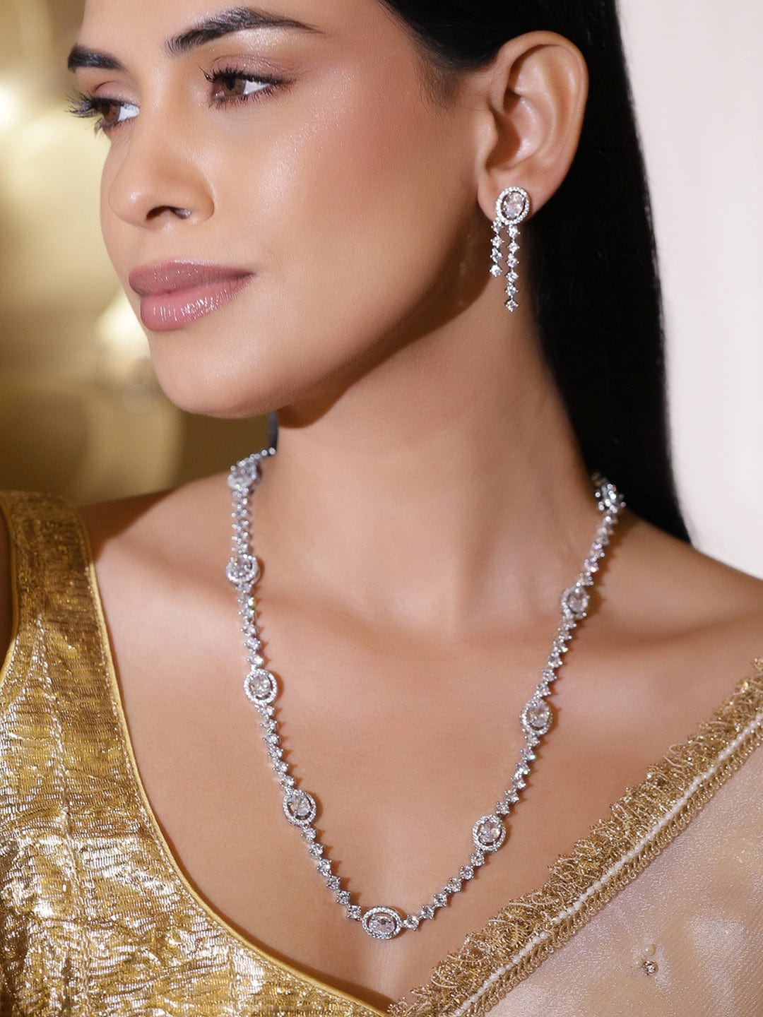 American Diamond Zirconia Sparkling Long Necklace Set