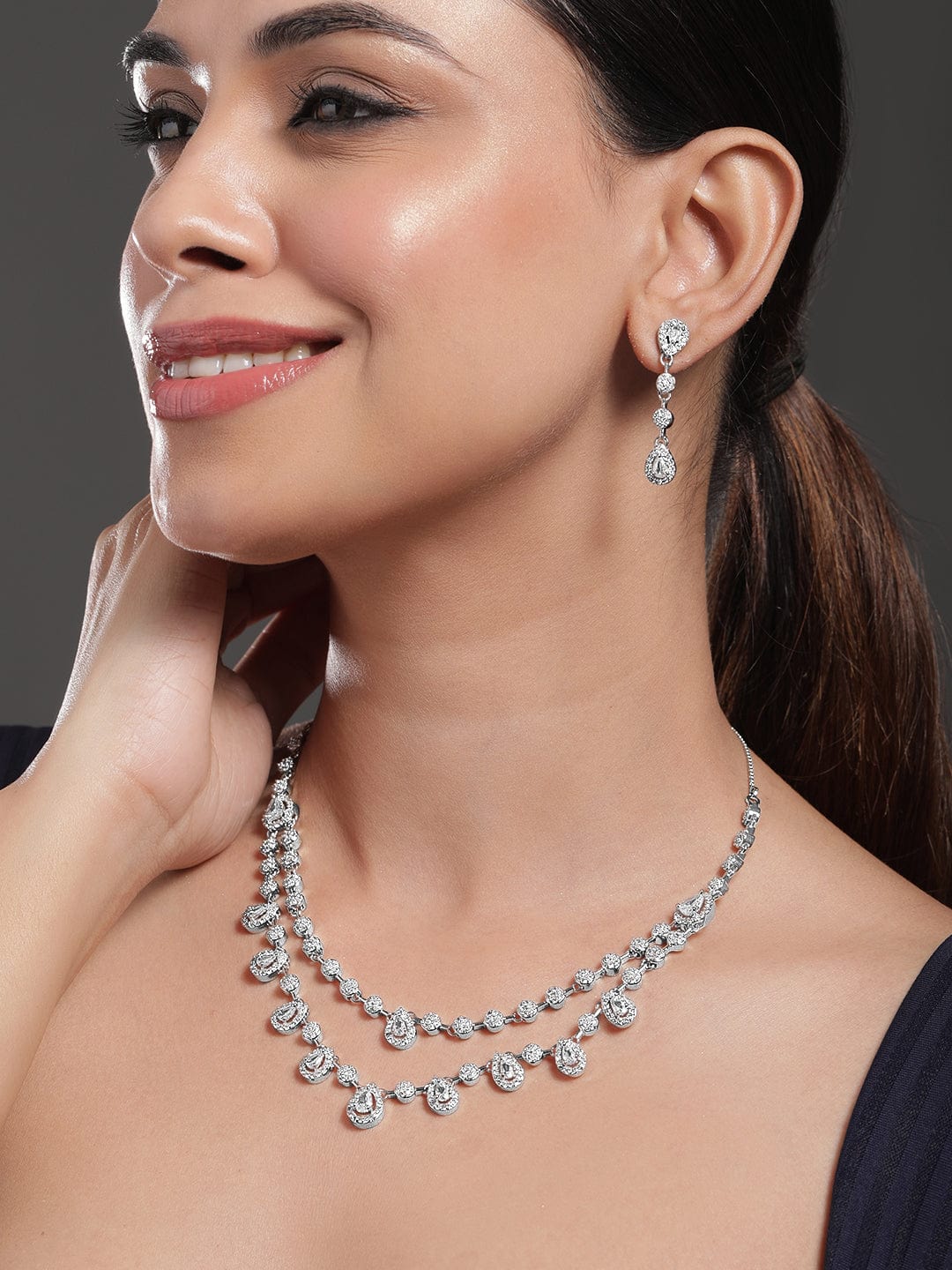 American Diamond Zirconia Teardrop Dual-Layered Necklace Set