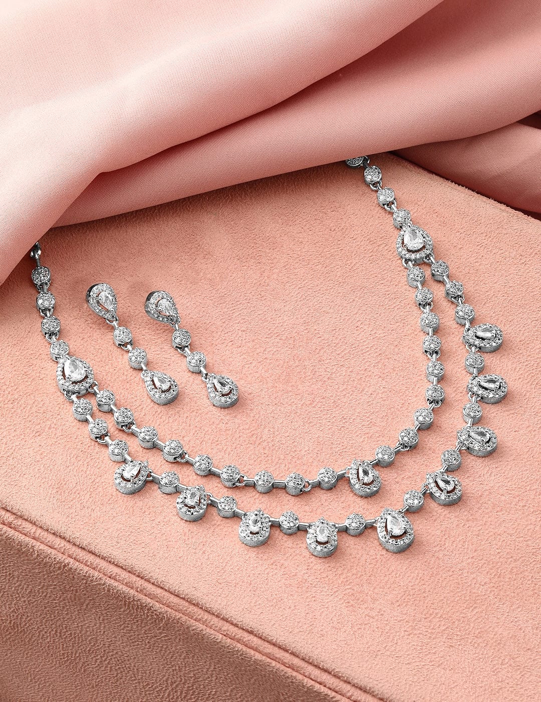 American Diamond Zirconia Teardrop Dual-Layered Necklace Set