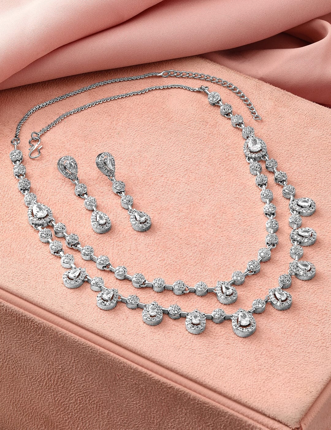 American Diamond Zirconia Teardrop Dual-Layered Necklace Set