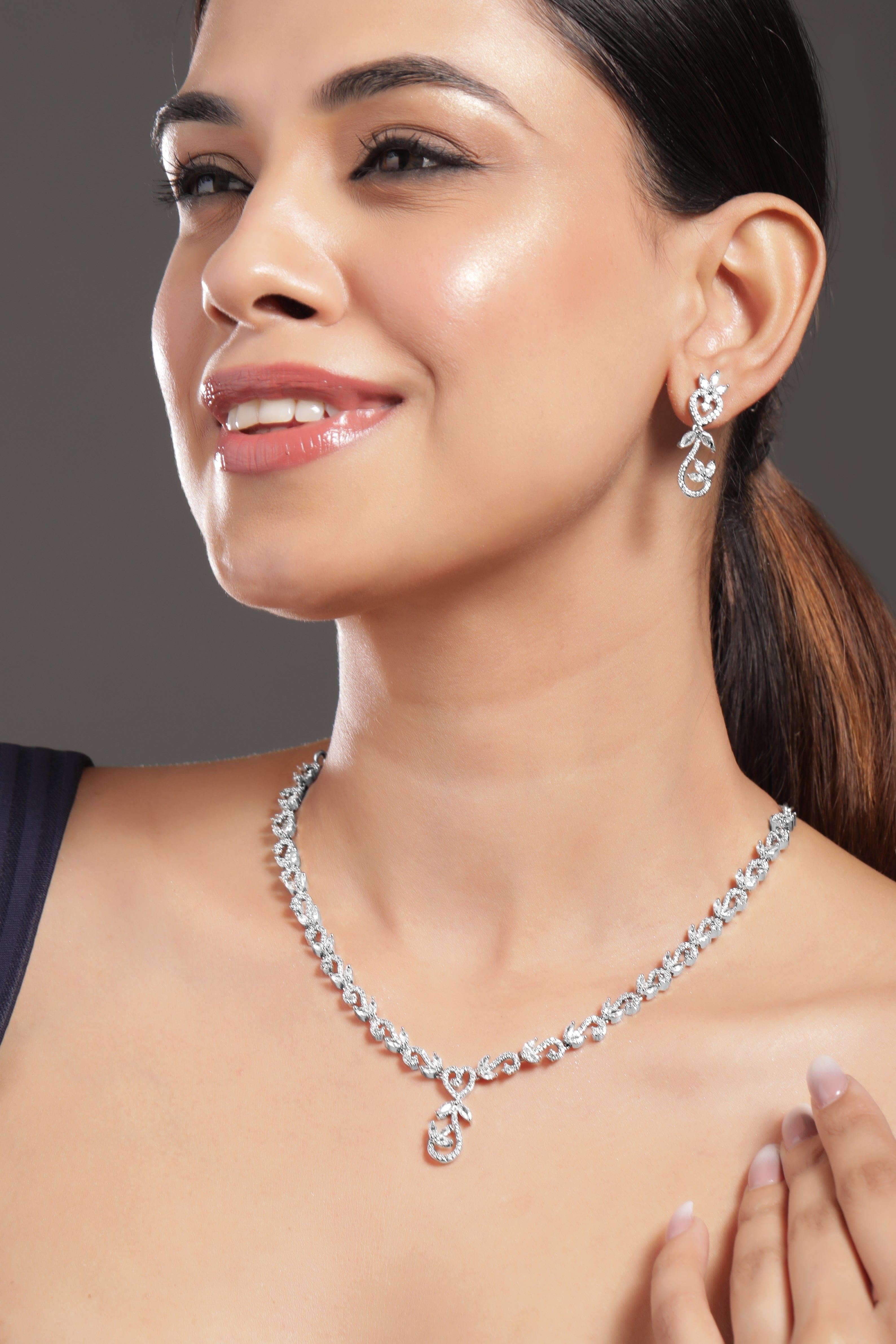 American Diamond Zirconia Floral Heart Necklace Set