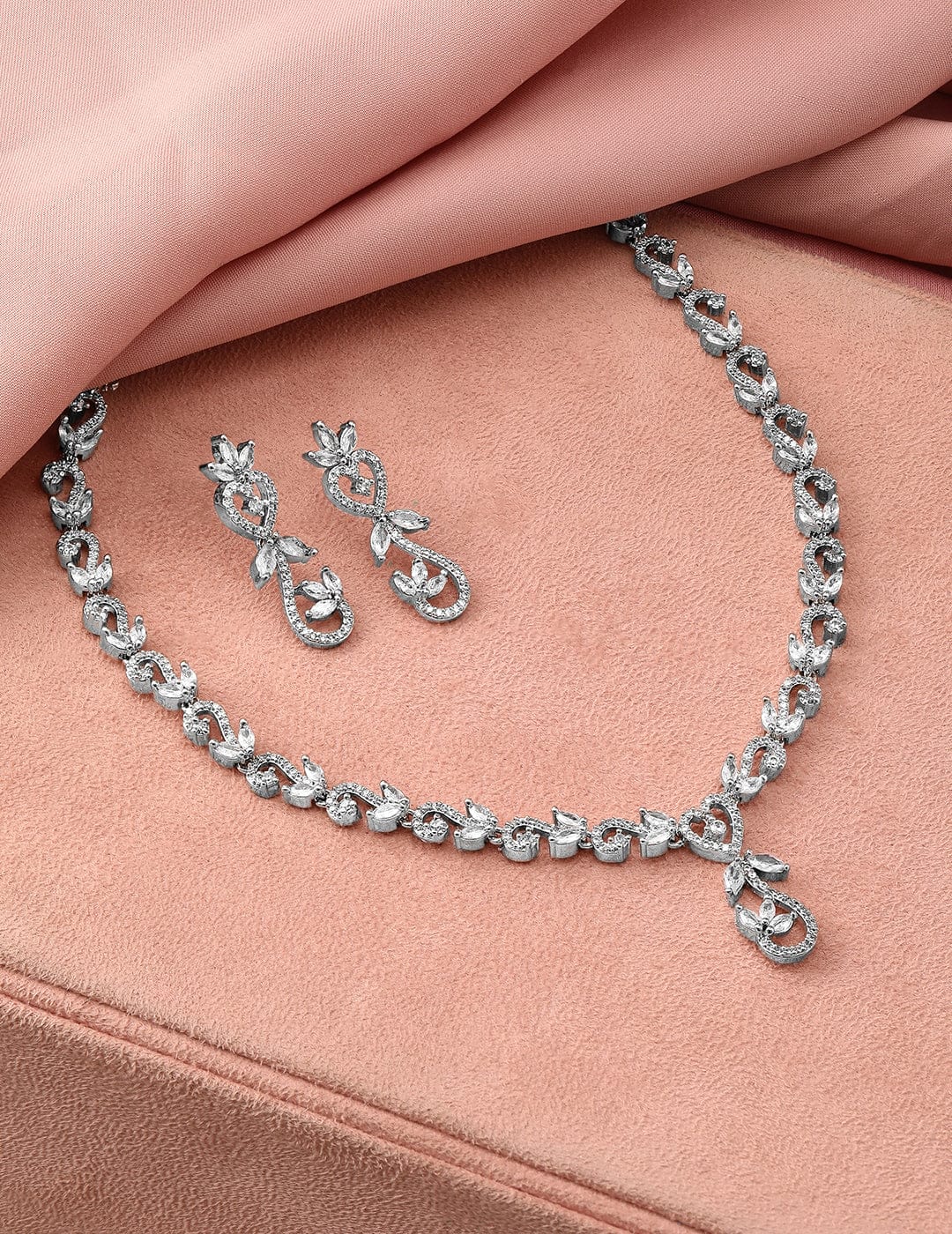 American Diamond Zirconia Floral Heart Necklace Set